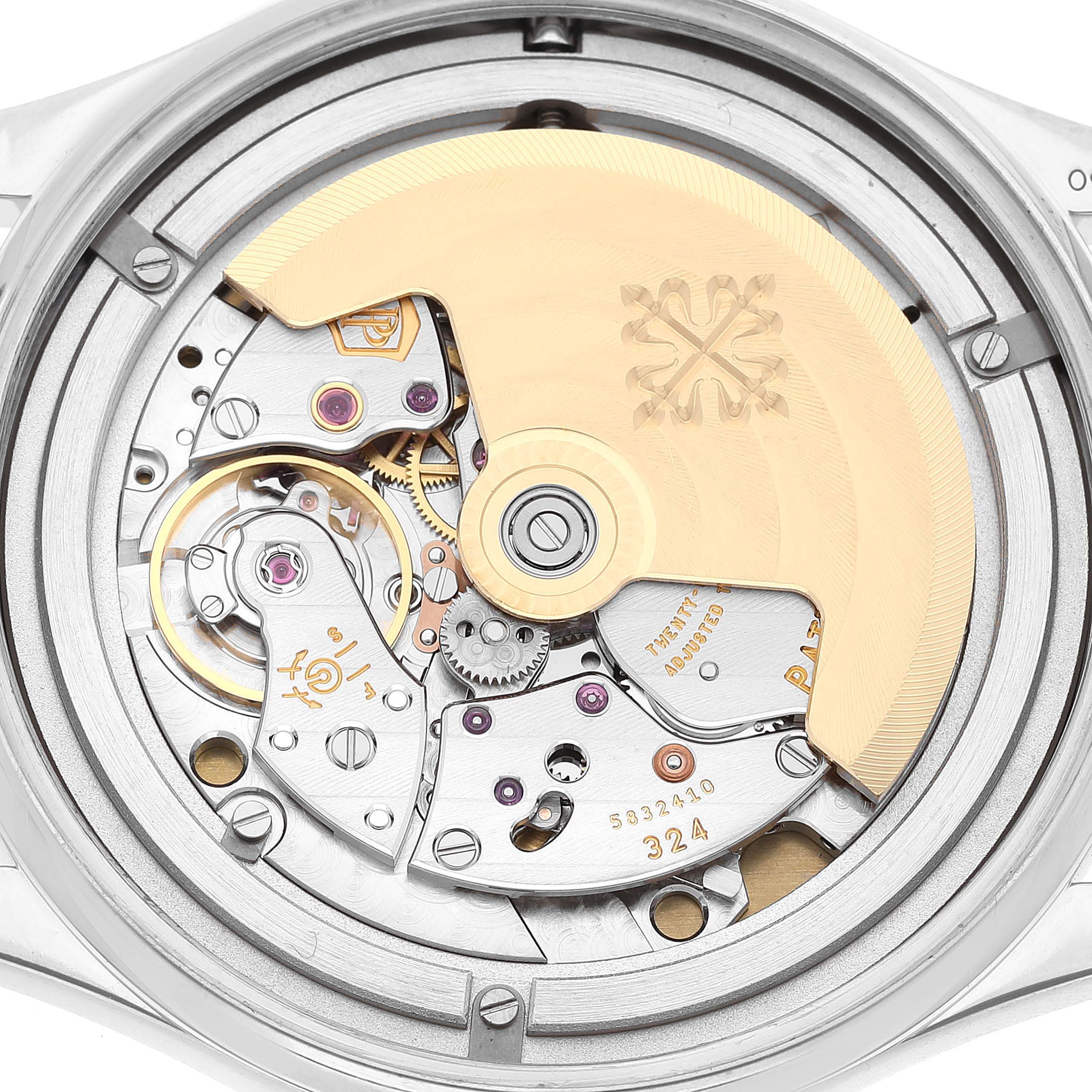 This image shows the intricate mechanical movement of the Patek Philippe Calatrava 5296G-010 Men
s White Gold Silver Dial 5296G-010 Men
s White Gold Silver Dial watch from a rear angle.