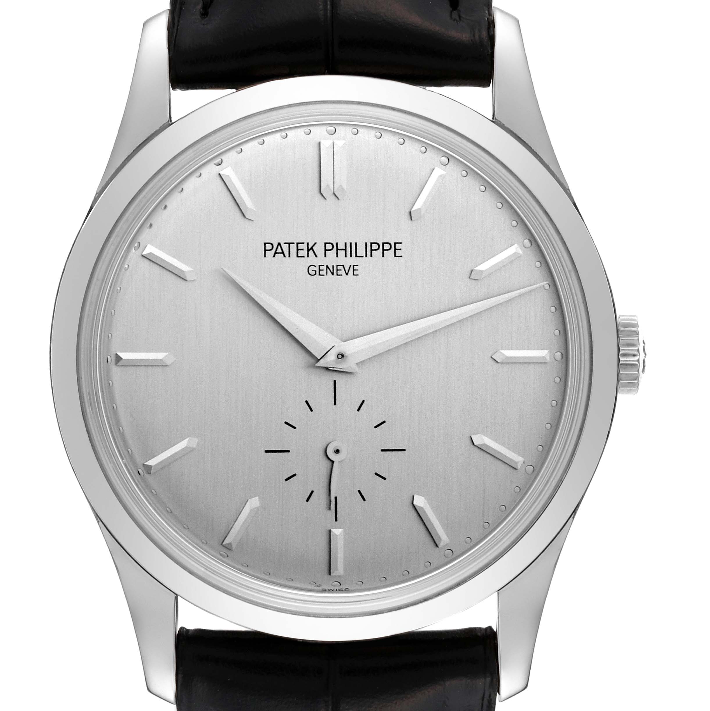 This image shows a front view of the Patek Philippe Calatrava 5196G Men
s White Gold Silver Dial 5196G Men
s White Gold Silver Dial watch, highlighting its dial, hands, hour markers, and crown.