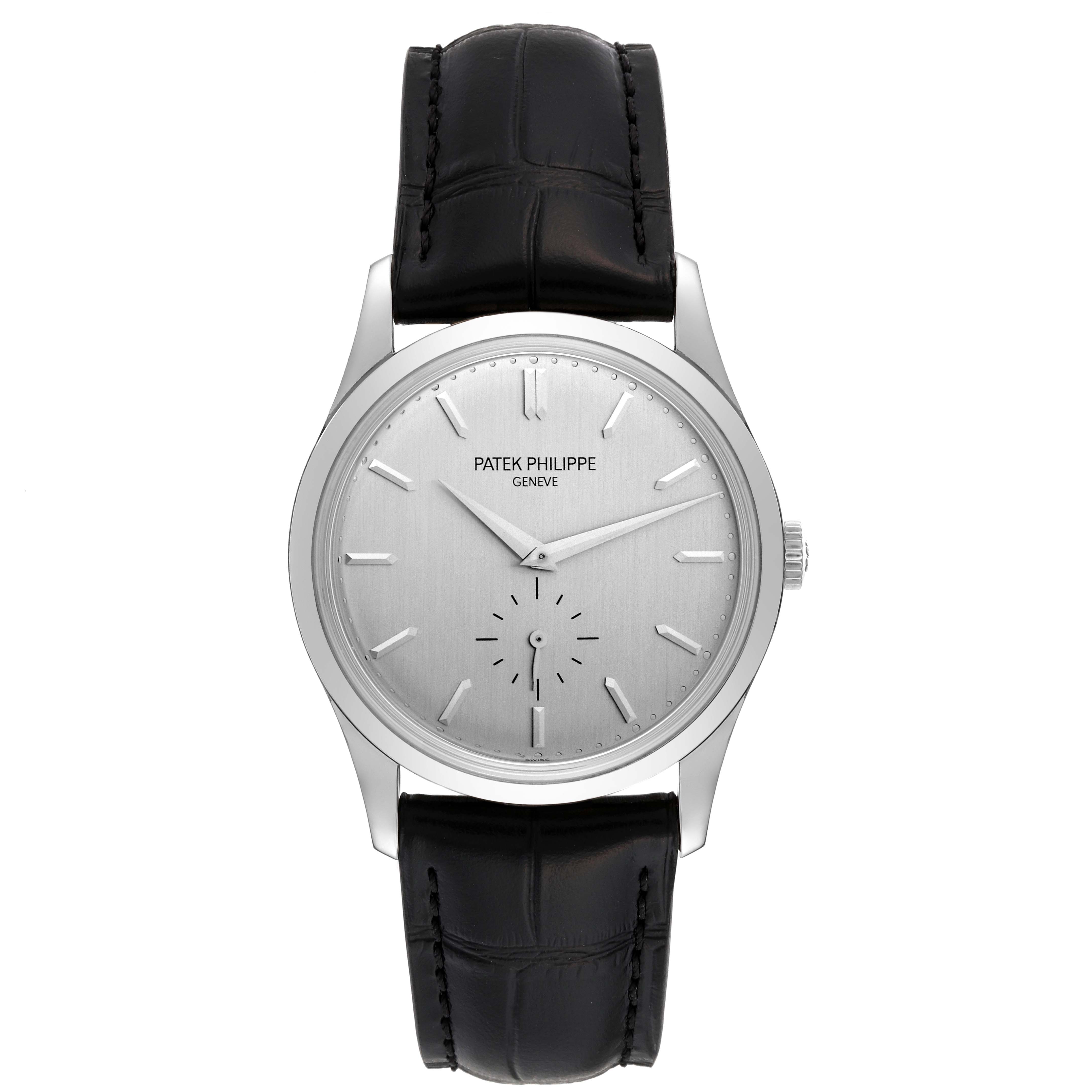 The image shows a frontal view of a Patek Philippe Calatrava 5196G Men
s White Gold Silver Dial 5196G Men
s White Gold Silver Dial watch, highlighting the dial, hands, case, and leather strap.