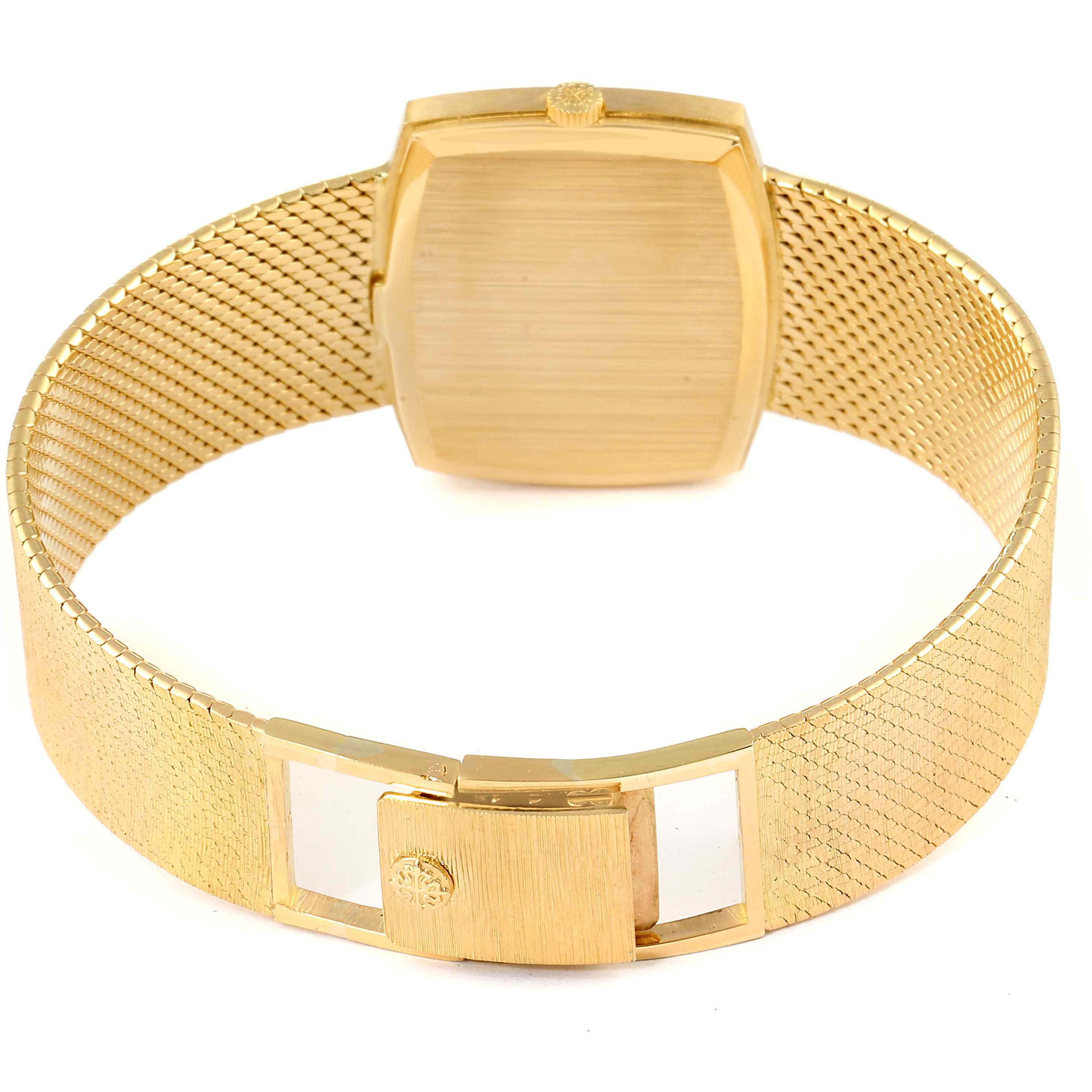 This image shows the back view of a Vintage Patek Philippe watch, highlighting the clasp and mesh bracelet.