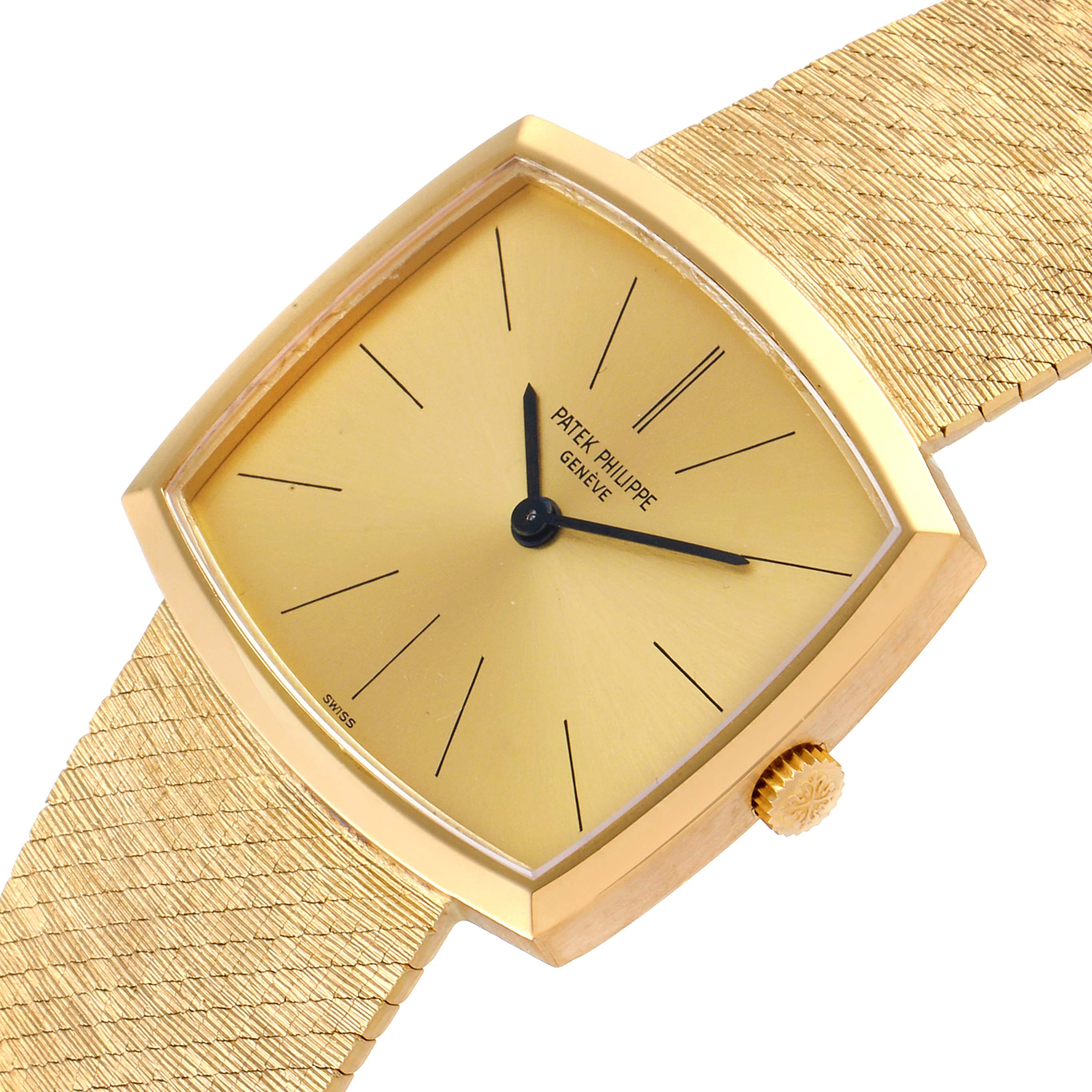 The image shows a Patek Philippe Vintage 3528/1 Men's Yellow Gold Champagne Dial 3528/1 Men's Yellow Gold Champagne Dial watch at a slight angle, featuring the gold dial, case, crown, and textured bracelet.
