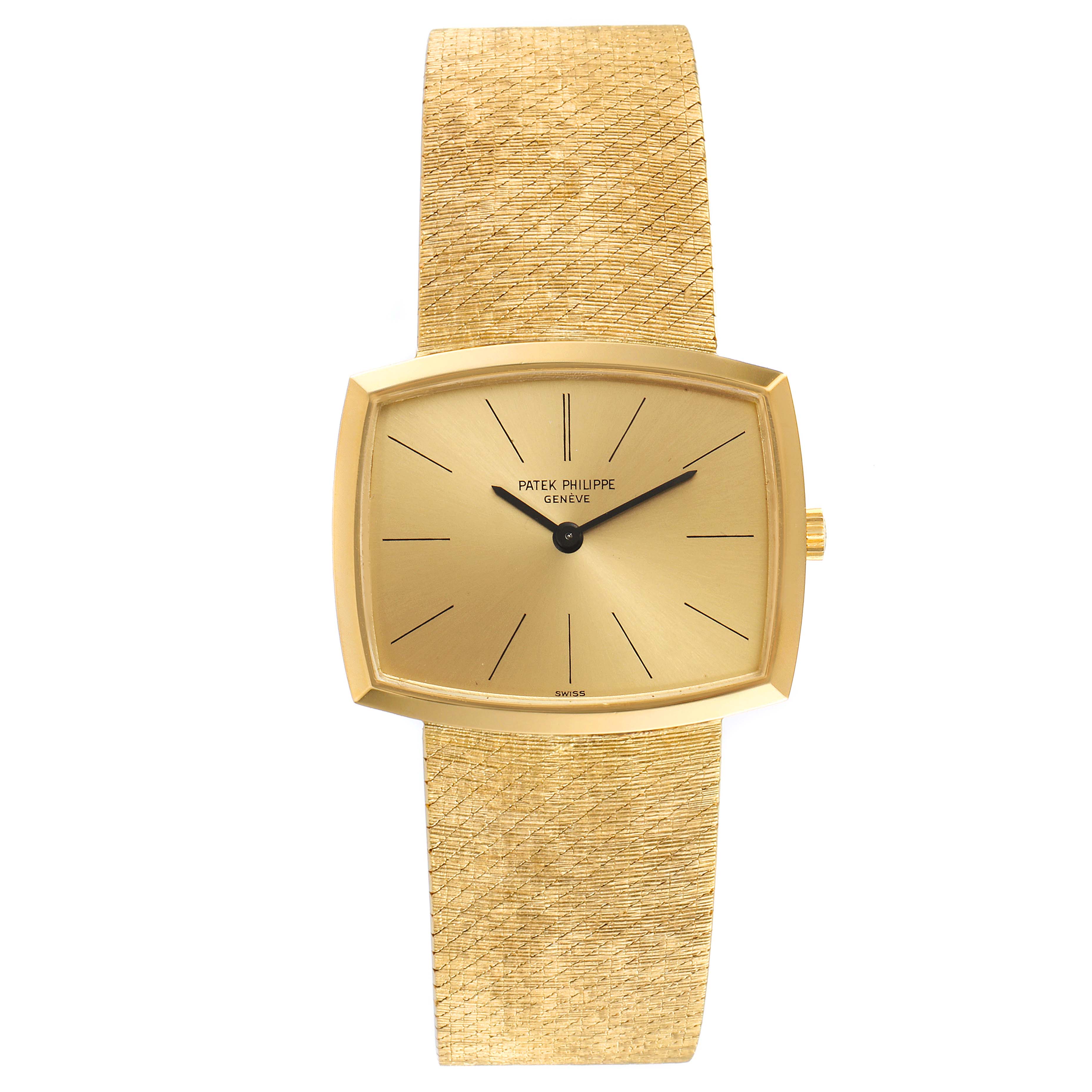 This image shows a frontal view of a vintage Patek Philippe watch, displaying its gold case, dial, and textured band.