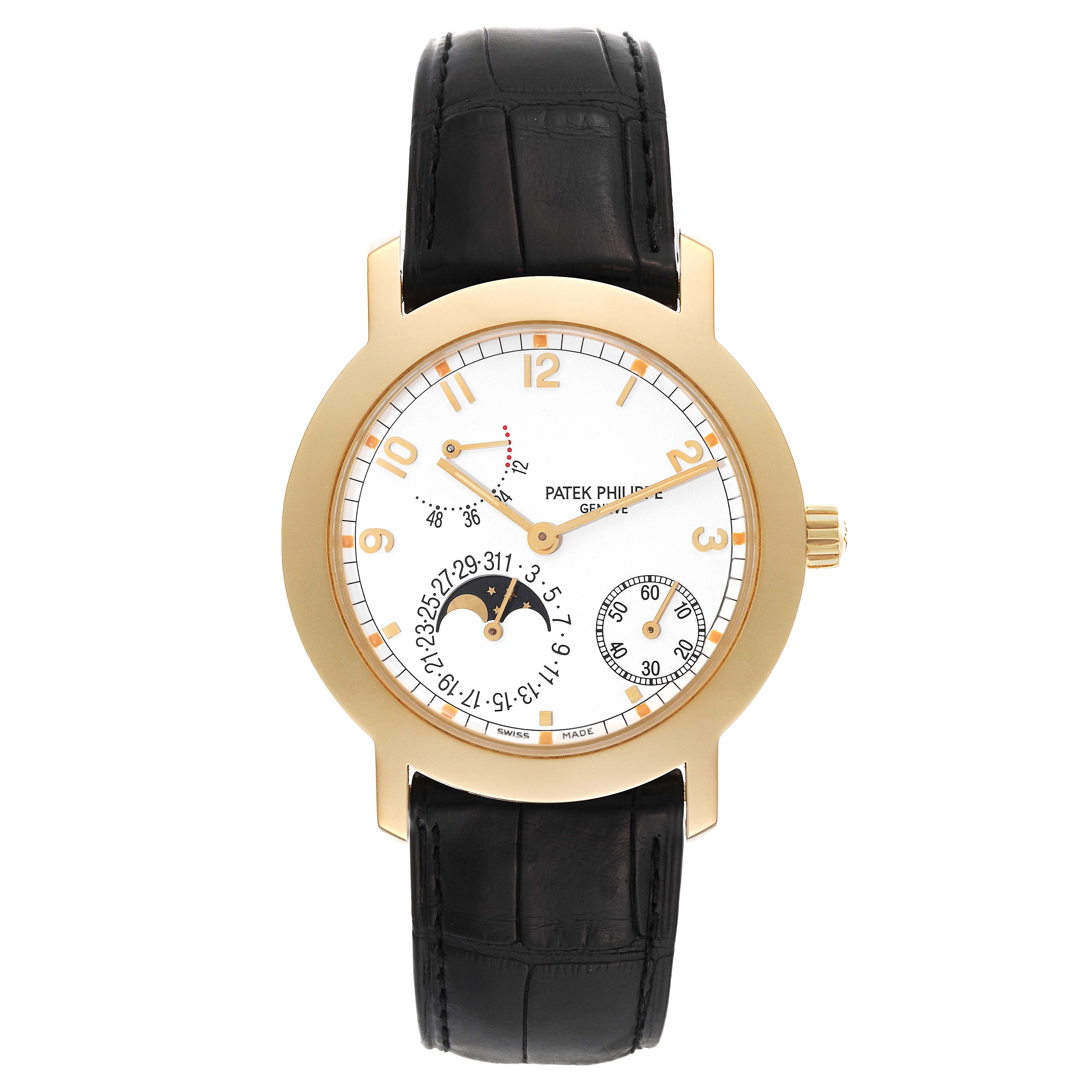 The Patek Philippe Complications 5055J-001 Men
s Yellow Gold White Dial 5055J-001 Men
s Yellow Gold White Dial watch is shown from a front angle, displaying the dial, case, and strap clearly.