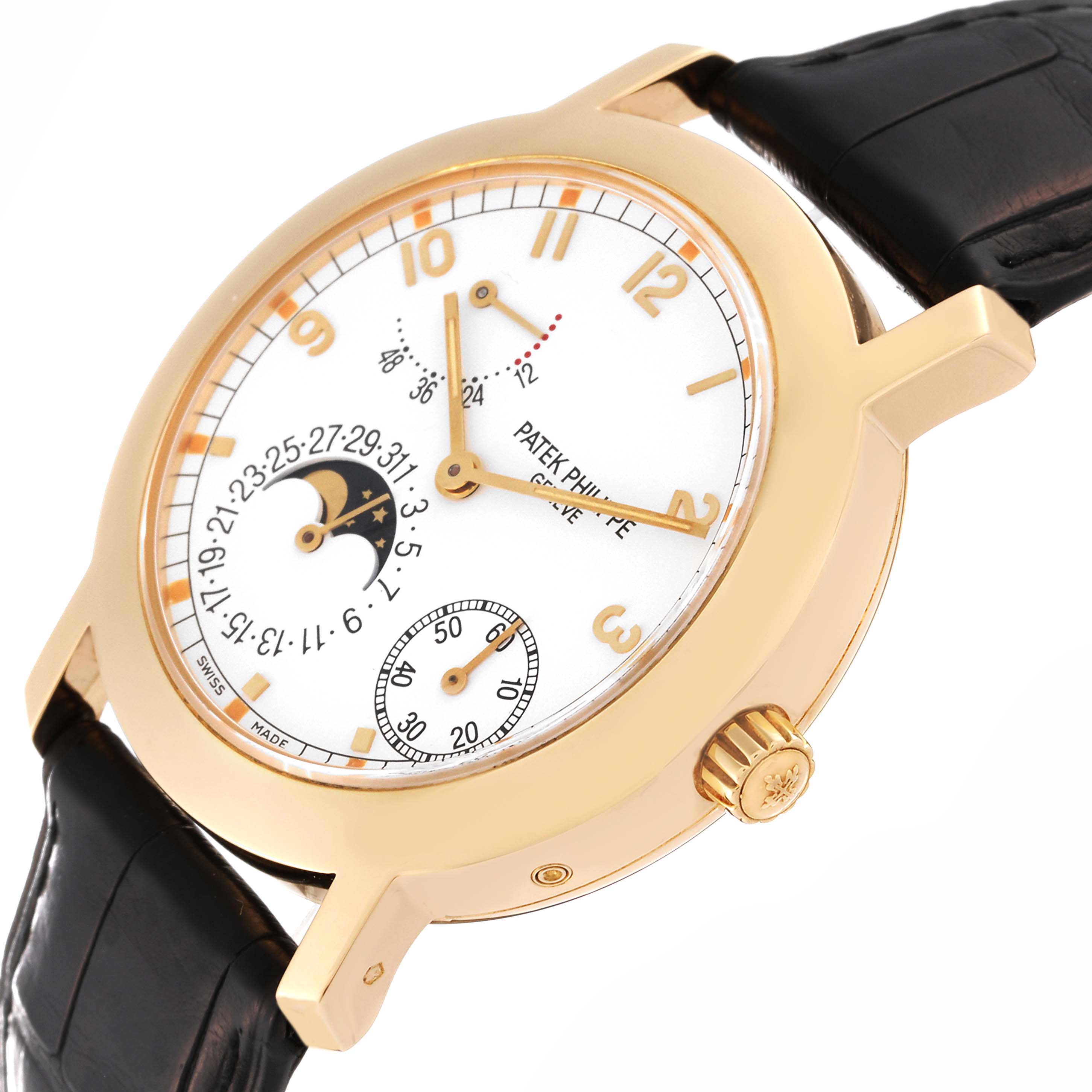 The image shows a Patek Philippe Complications 5055J-001 Men
s Yellow Gold White Dial 5055J-001 Men
s Yellow Gold White Dial model watch at a slight angle, highlighting its face, hands, crown, and strap.