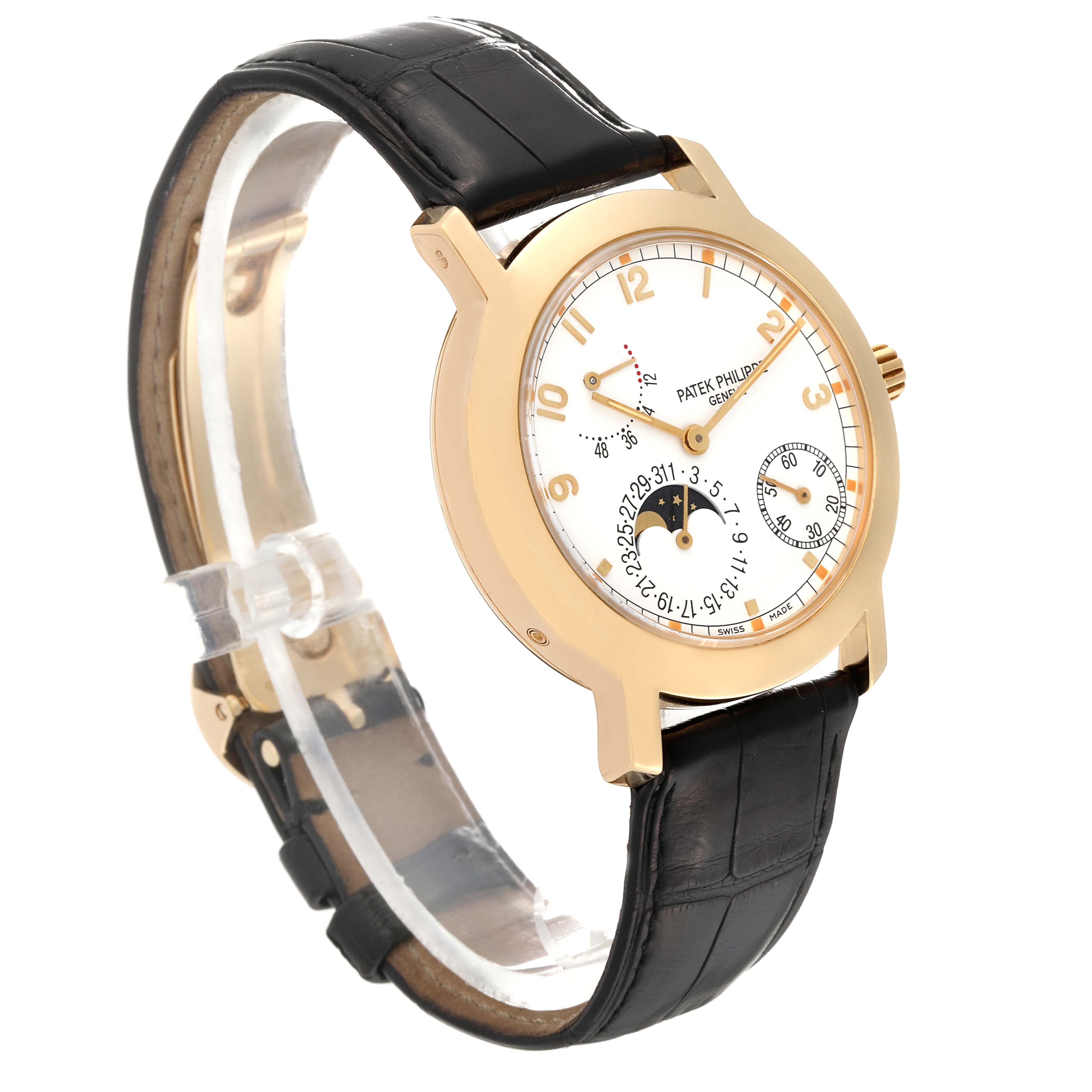 This image shows a side-angle view of the Patek Philippe Complications 5055J-001 Men
s Yellow Gold White Dial 5055J-001 Men
s Yellow Gold White Dial watch, highlighting its round dial, leather strap, and gold case.