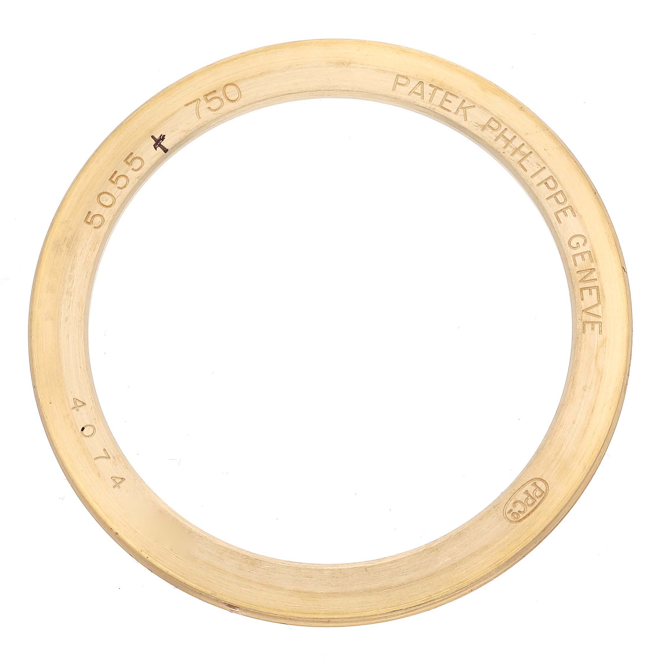 This image shows a close-up of the gold bezel for the Patek Philippe Complications 5055J-001 Men
s Yellow Gold White Dial 5055J-001 Men
s Yellow Gold White Dial model watch.