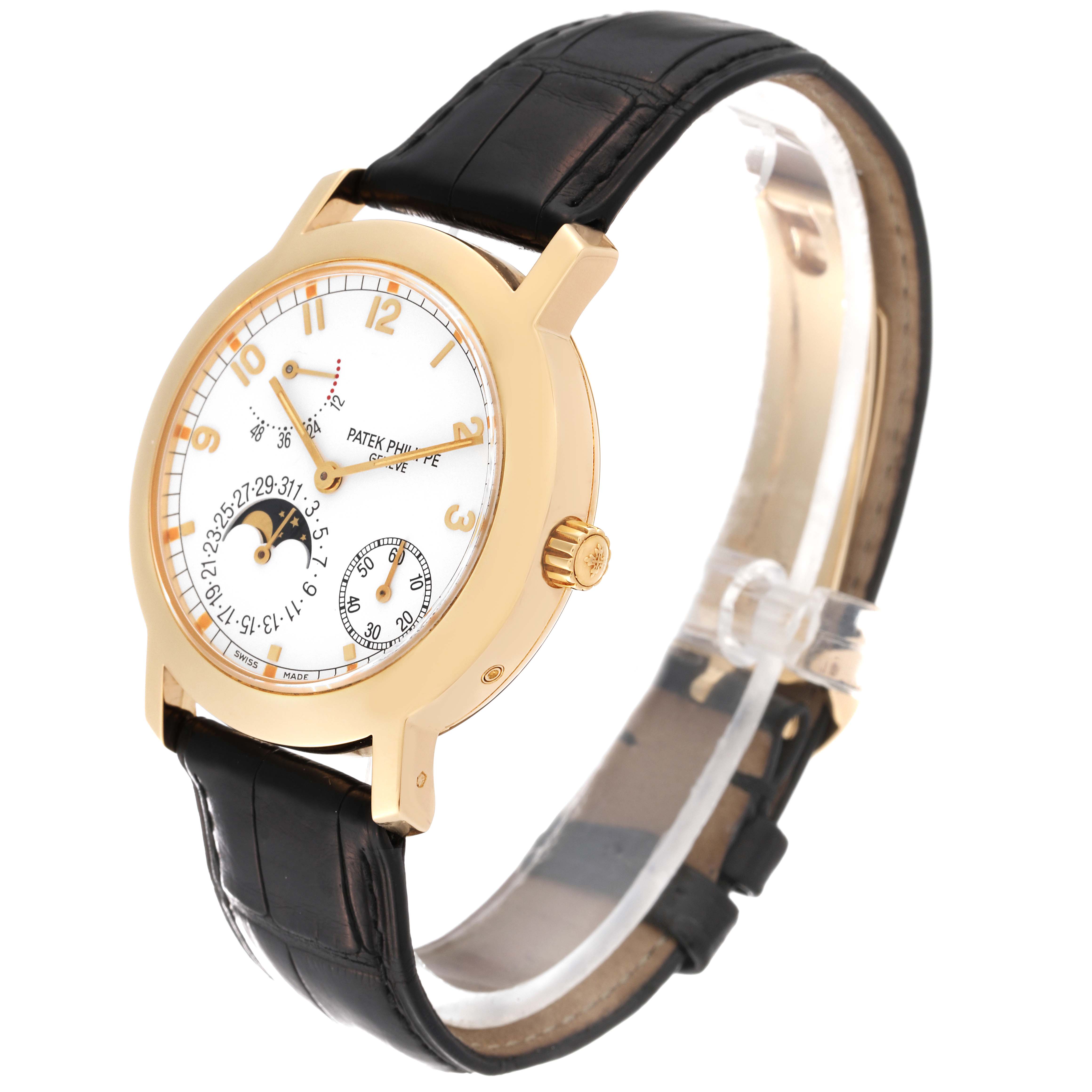 The Patek Philippe Complications 5055J-001 Men
s Yellow Gold White Dial 5055J-001 Men
s Yellow Gold White Dial model watch is shown at a three-quarter angle, displaying the face, crown, strap, and lugs.