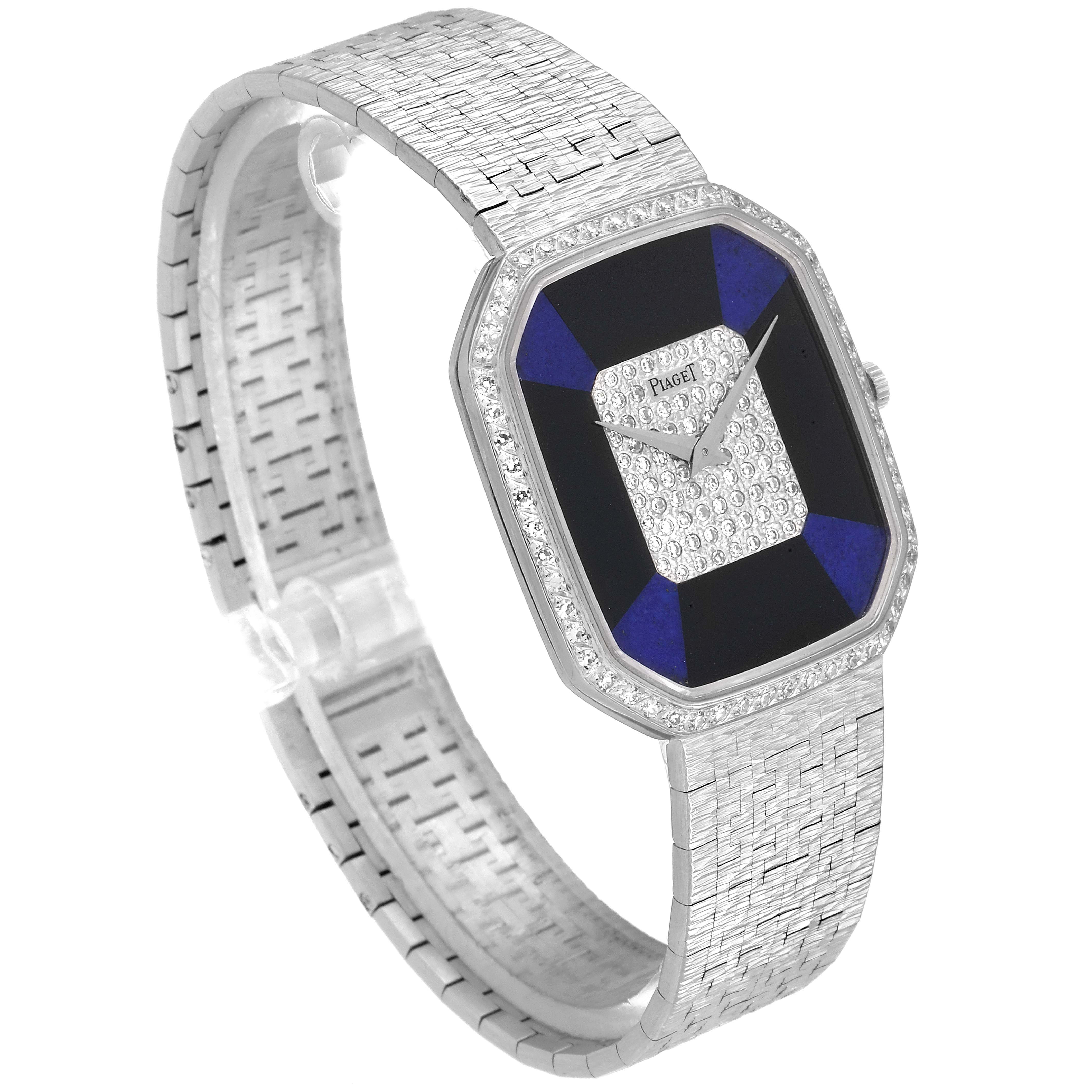 This image shows a side-angle view of the Piaget 9795 Women
s White Gold Blue Dial 9795 Women
s White Gold Blue Dial 9795 White Gold Onyx Lapis Lazuli Dial Diamond Vintage Cocktail Watch.