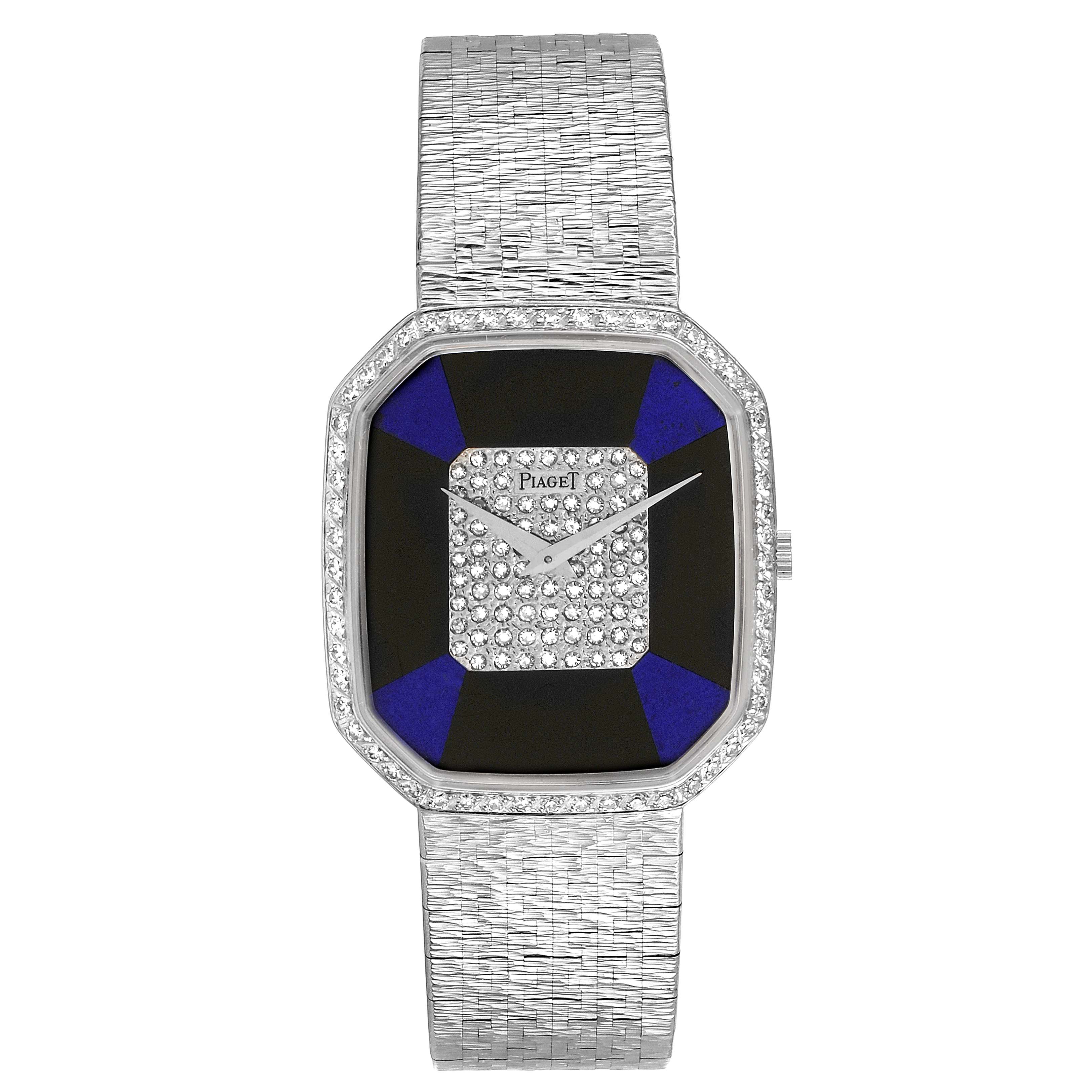 The image shows a front view of the Piaget 9795 Women
s White Gold Blue Dial 9795 Women
s White Gold Blue Dial White Gold Onyx Lapis Lazuli Dial Diamond Vintage Cocktail Watch 9795 model.