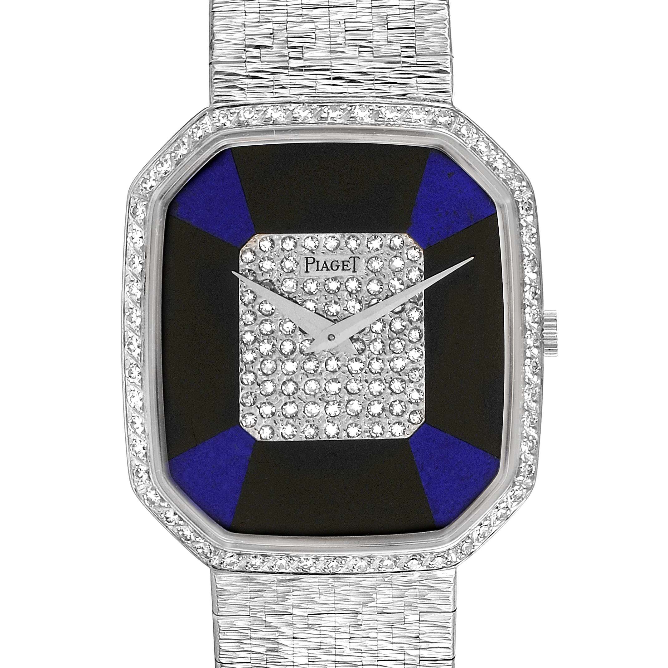 The image shows a frontal view of the Piaget 9795 Women
s White Gold Blue Dial 9795 Women
s White Gold Blue Dial 9795 White Gold Onyx Lapis Lazuli Dial Diamond Vintage Cocktail Watch.