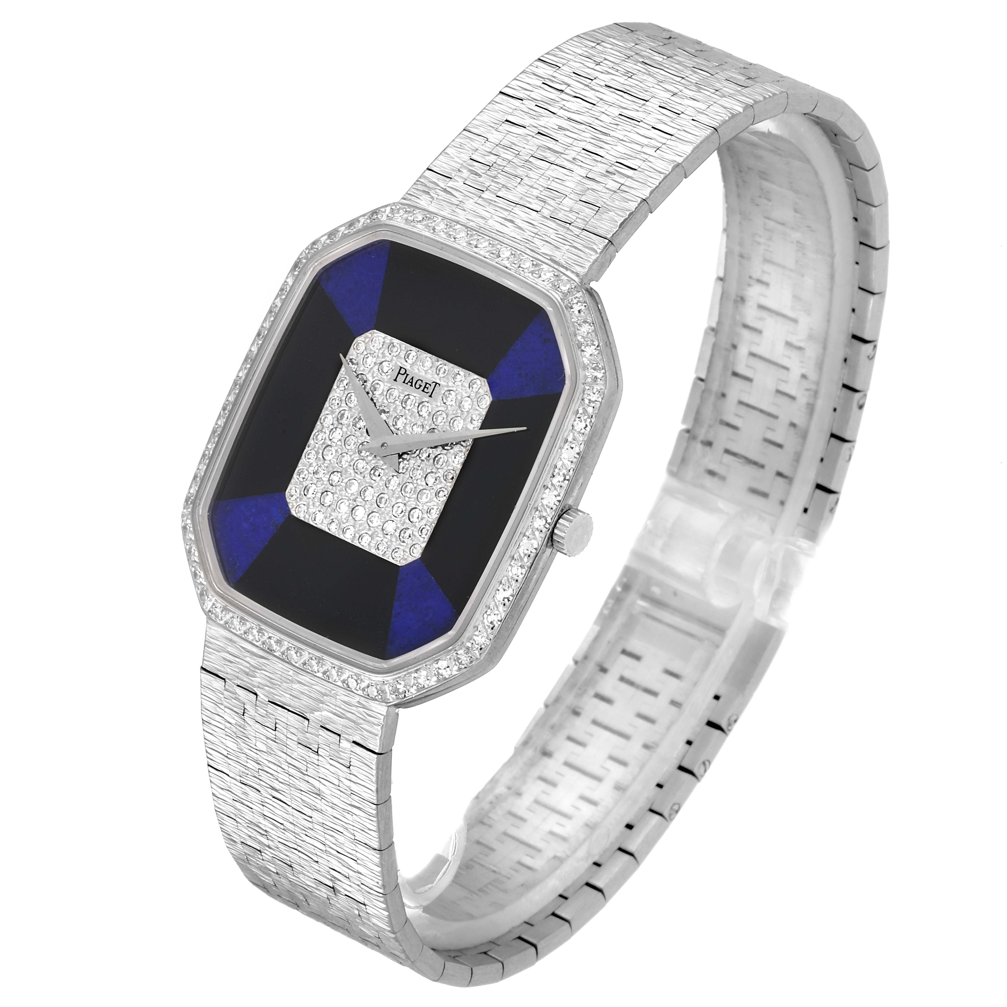 The image shows a White Gold Piaget 9795 Women
s White Gold Blue Dial 9795 Women
s White Gold Blue Dial 9795 model with an Onyx Lapis Lazuli Dial, seen from an angled front view showing the face and band.