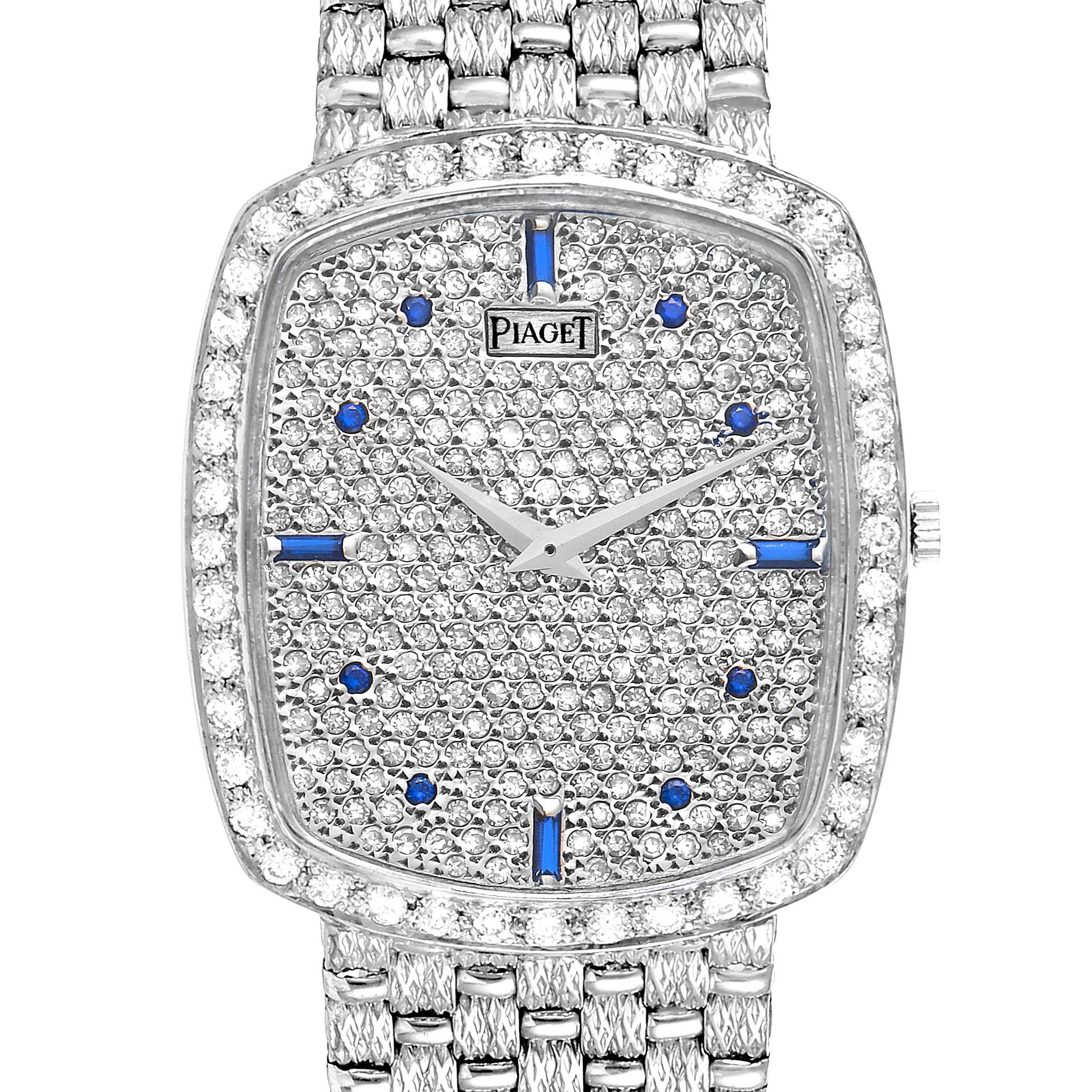 The image shows a front view of the Piaget 9741 D23 Men's White Gold  9741 D23 Men's White Gold  9741 White Gold Pave Diamond Sapphire Dial Vintage Unisex Watch.