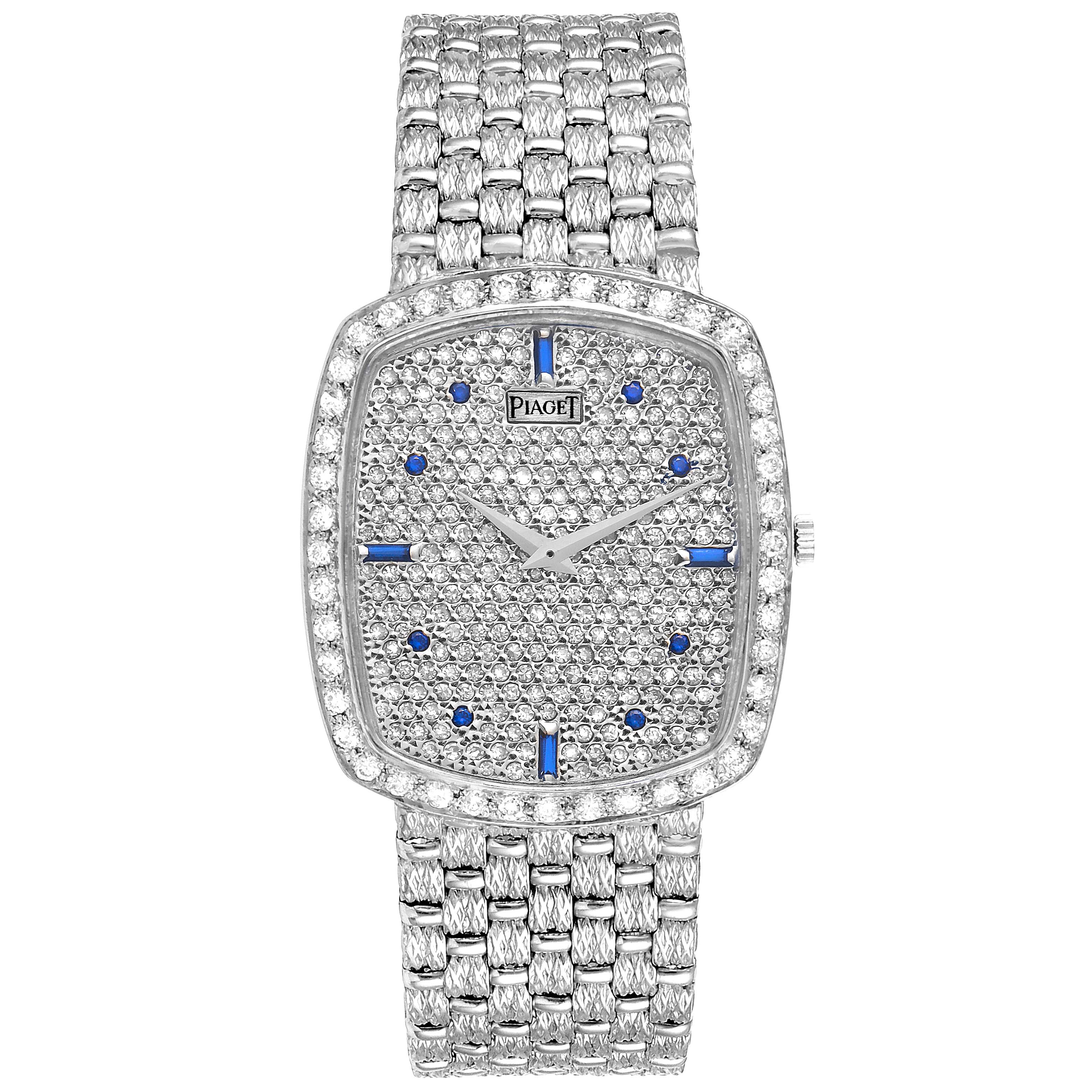 The image shows a front view of the Piaget 9741 D23 Men's White Gold  9741 D23 Men's White Gold  9741 model White Gold Pave Diamond Sapphire Dial Vintage Unisex Watch.
