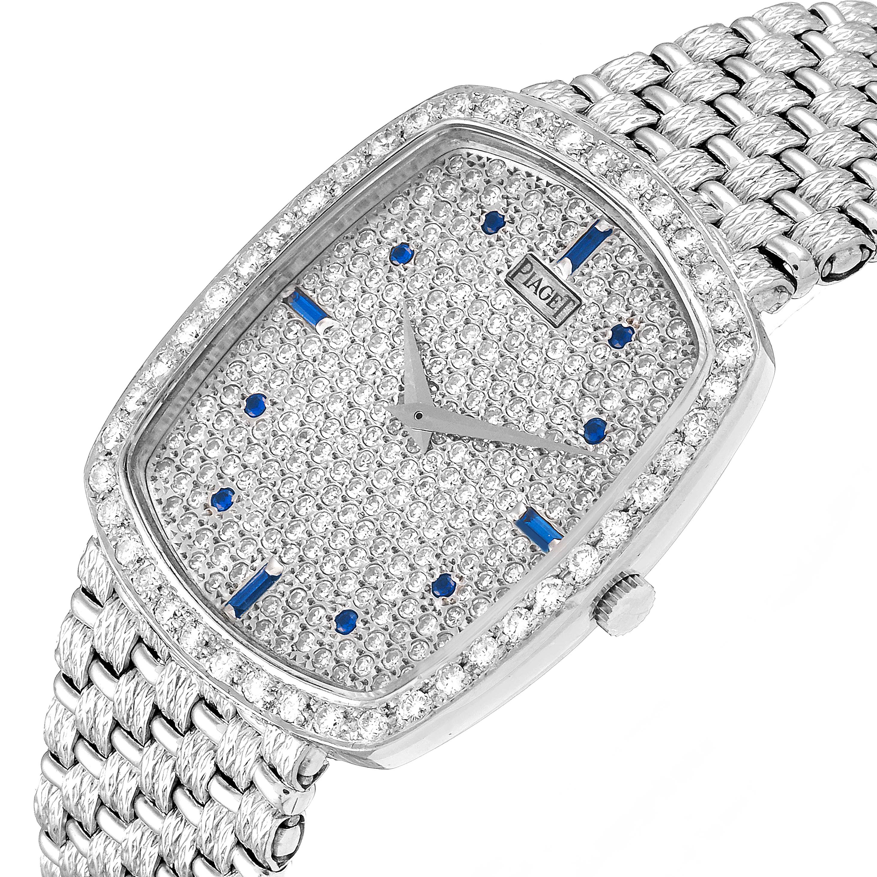 The image shows a front angle view of the Piaget 9741 D23 Men's White Gold  9741 D23 Men's White Gold  9741 White Gold Pave Diamond Sapphire Dial Vintage Unisex Watch.