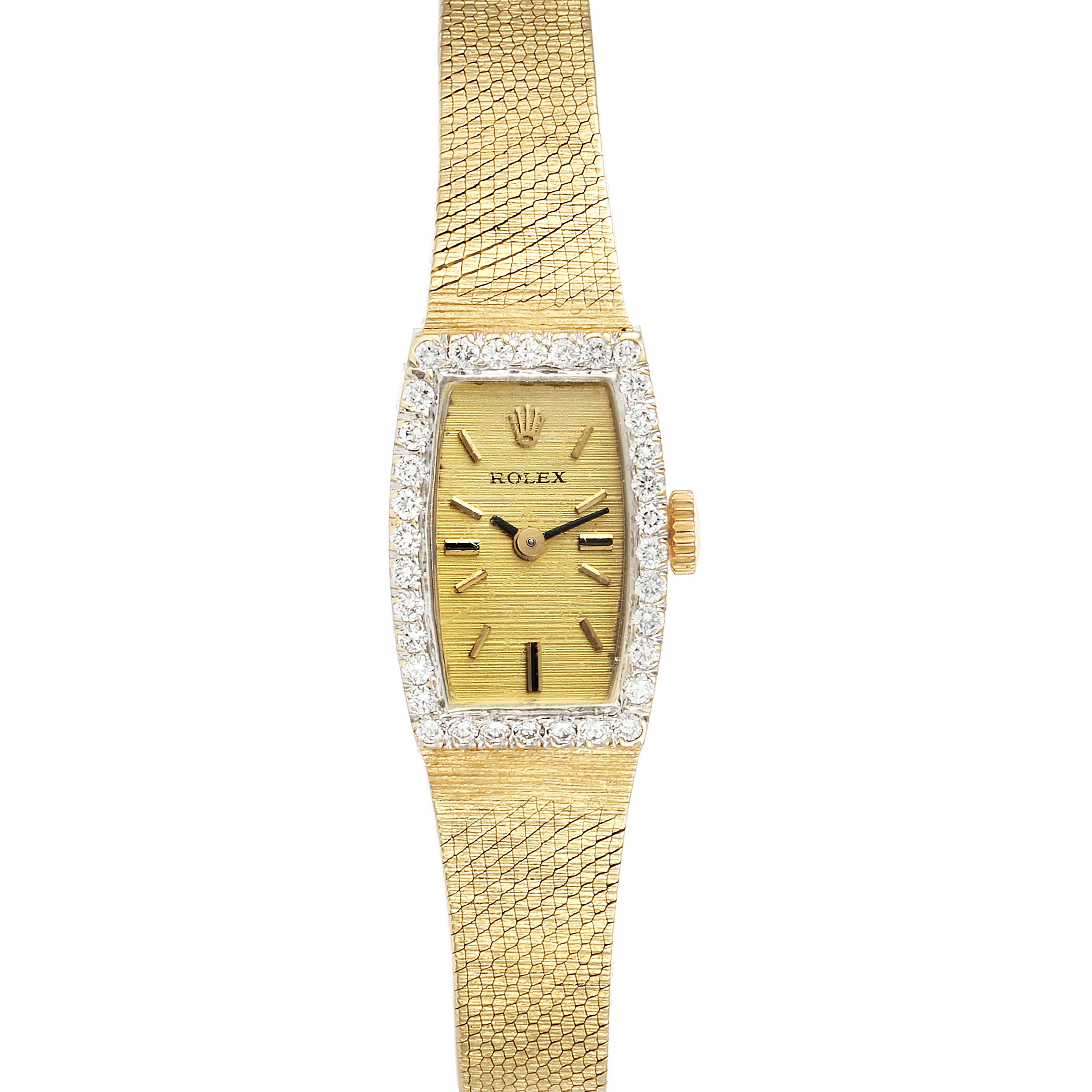 The Rolex Cocktail  Women's Yellow Gold Champagne Dial  Women's Yellow Gold Champagne Dial model watch is shown from a top-down angle, displaying its gold band, diamond-encrusted bezel, and dial.