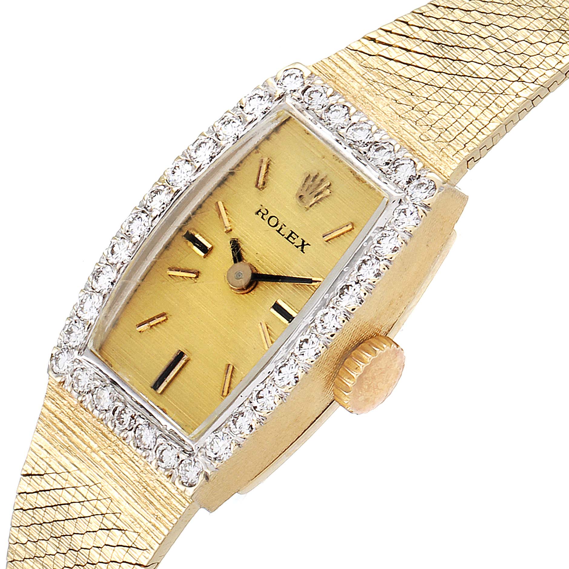 The Rolex Cocktail  Women's Yellow Gold Champagne Dial  Women's Yellow Gold Champagne Dial model watch is shown at a slight angle, highlighting its gold case, diamond bezel, dial, and crown.