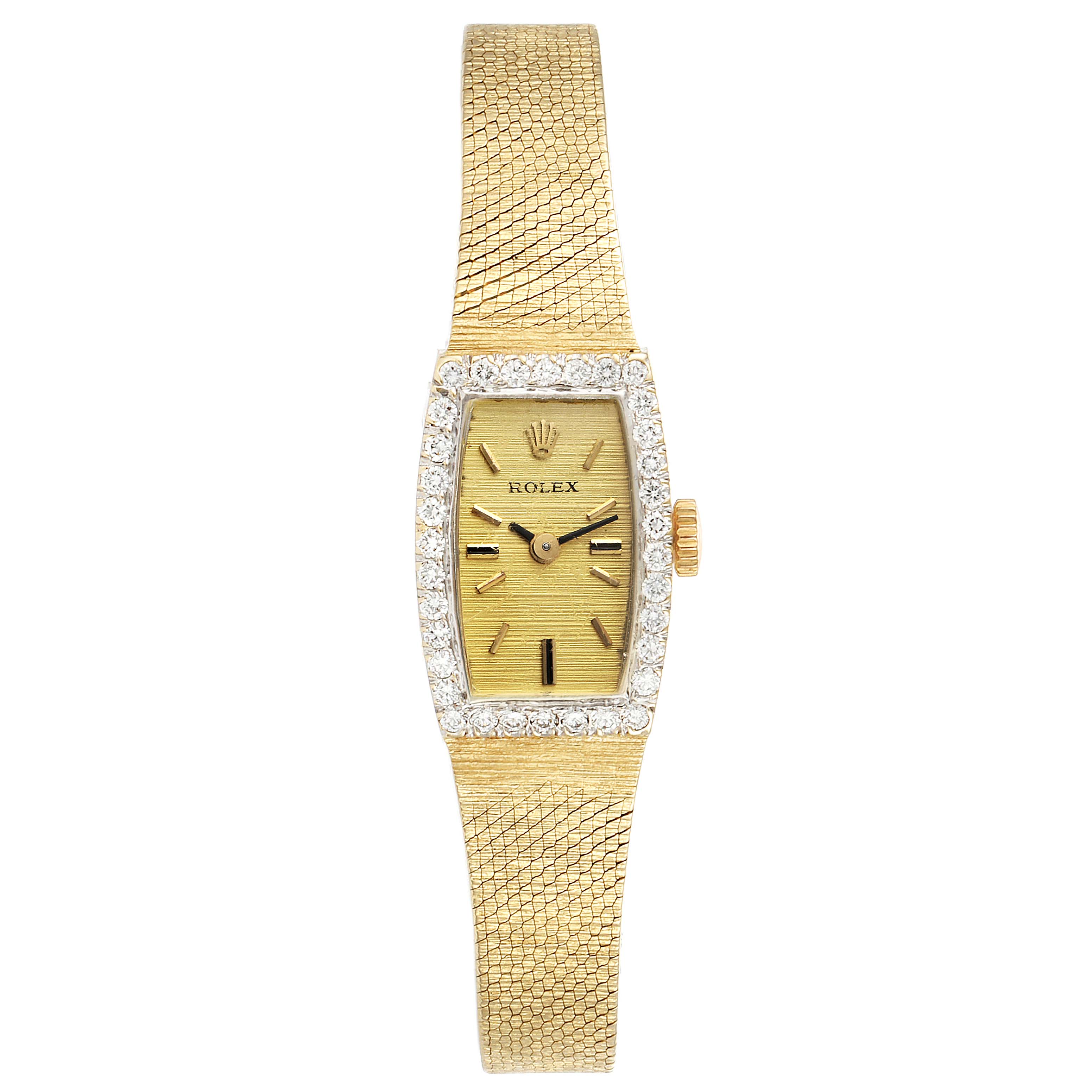 The image shows a Rolex Cocktail  Women's Yellow Gold Champagne Dial  Women's Yellow Gold Champagne Dial watch from a top-down angle, highlighting its gold bracelet, diamond-encrusted bezel, and dial with indices.