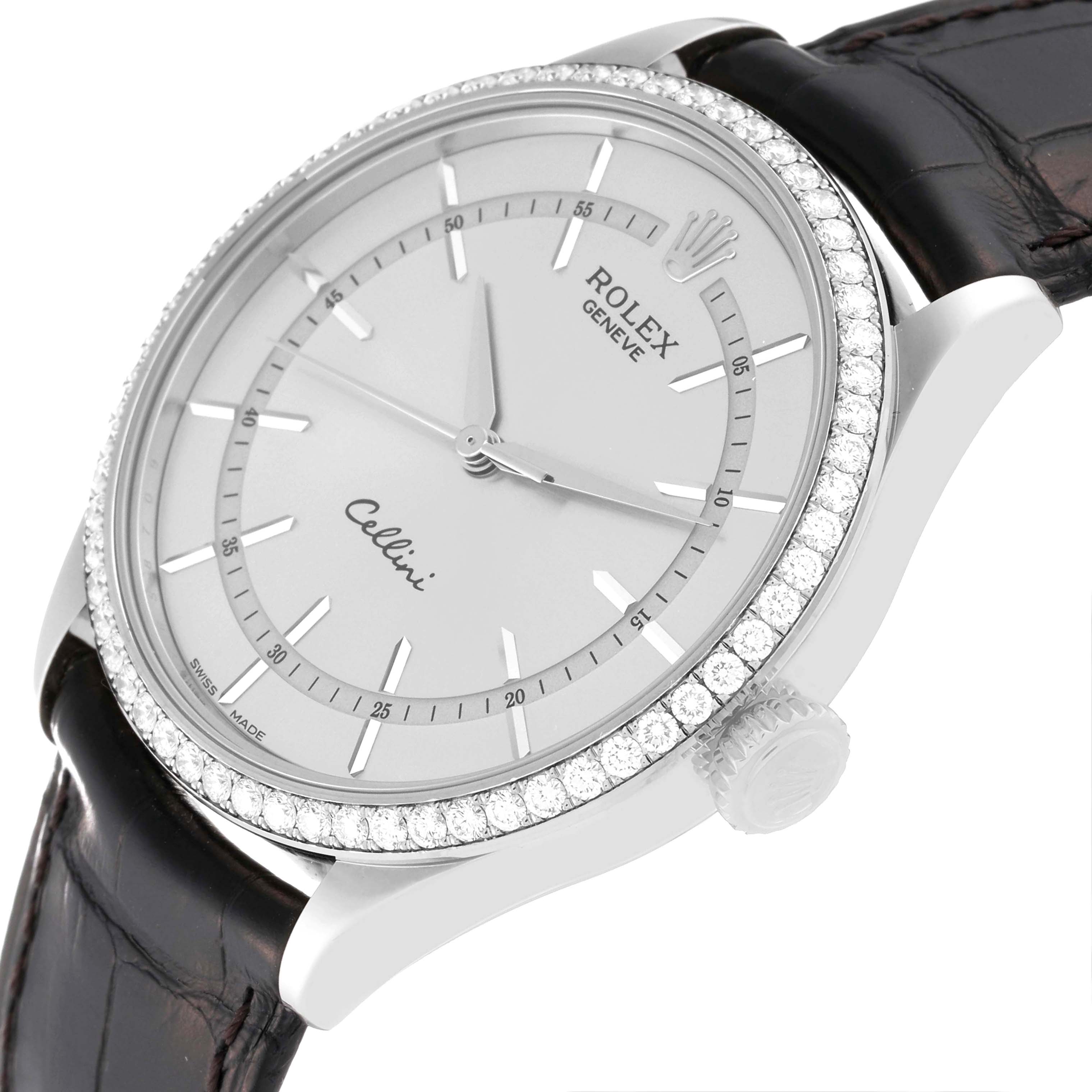 The image shows a close-up of the Rolex Cellini 50709RBR Men
s White Gold Silver Dial 50709RBR Men
s White Gold Silver Dial watch from an angle highlighting its dial, bezel, crown, and leather strap.