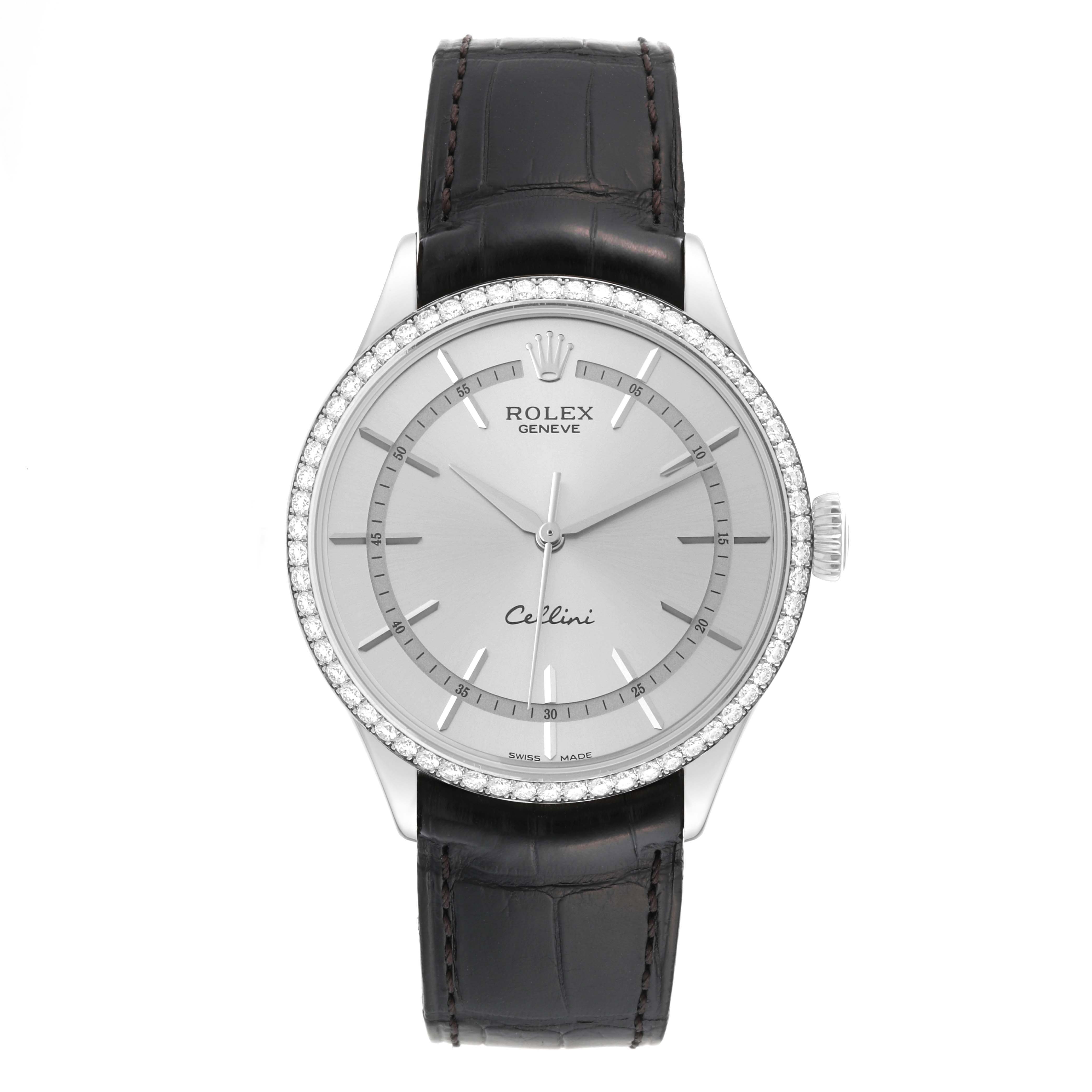 This image shows a front view of a Rolex Cellini 50709RBR Men
s White Gold Silver Dial 50709RBR Men
s White Gold Silver Dial watch, displaying the face, dial, crown, and leather strap.