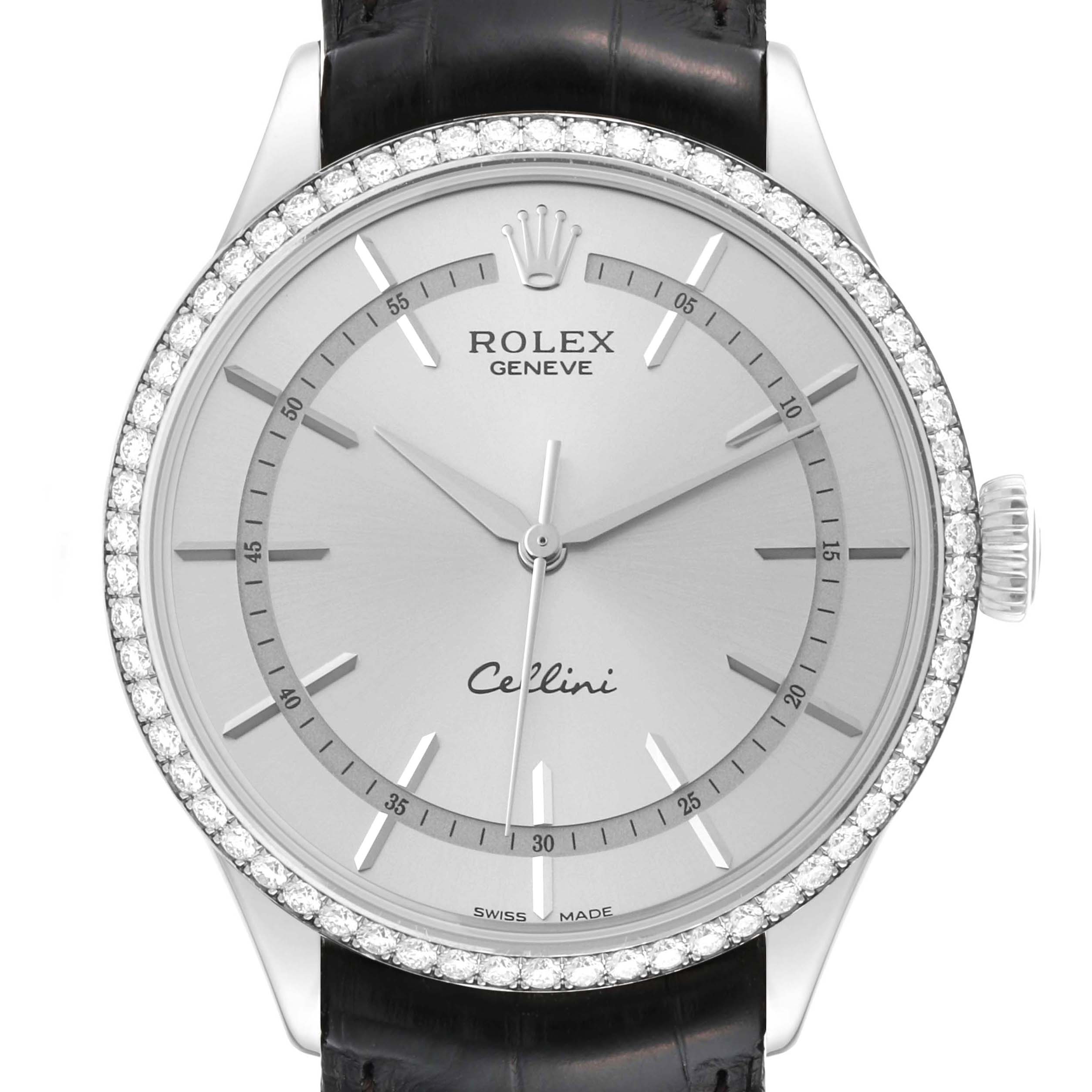 The image shows a front view of the Rolex Cellini 50709RBR Men
s White Gold Silver Dial 50709RBR Men
s White Gold Silver Dial watch, featuring its dial, bezel, and part of the leather strap.