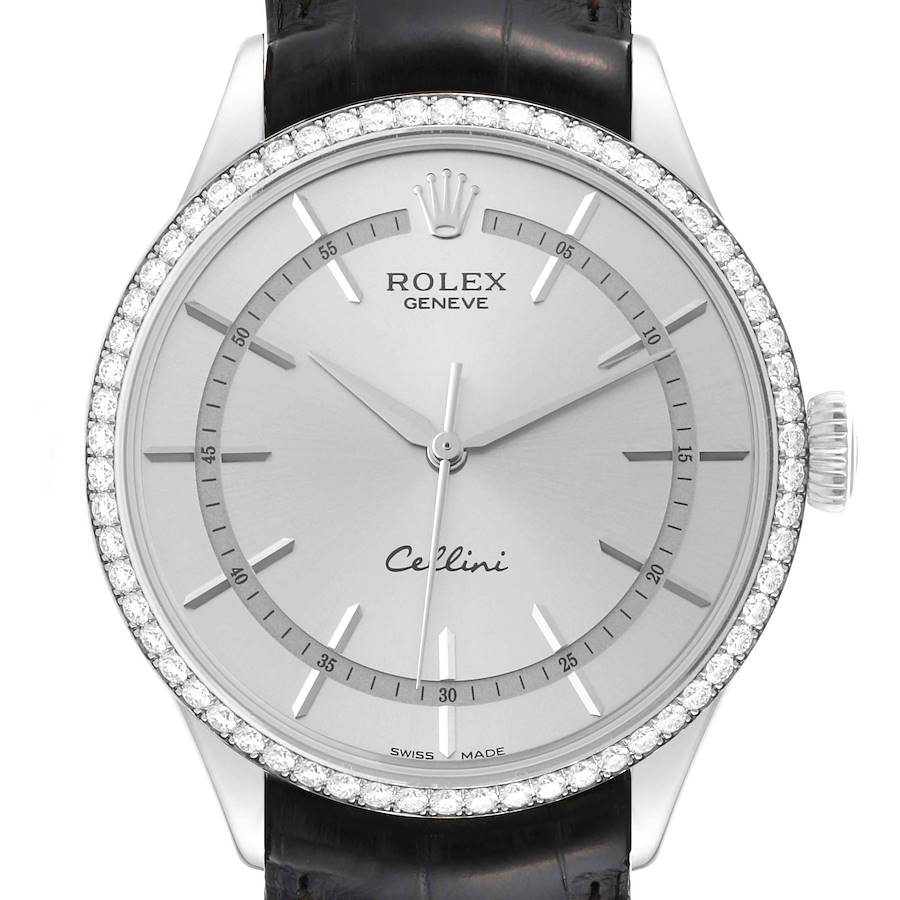 The image shows a front view of the Rolex Cellini watch, featuring its dial, bezel, and part of the leather strap.