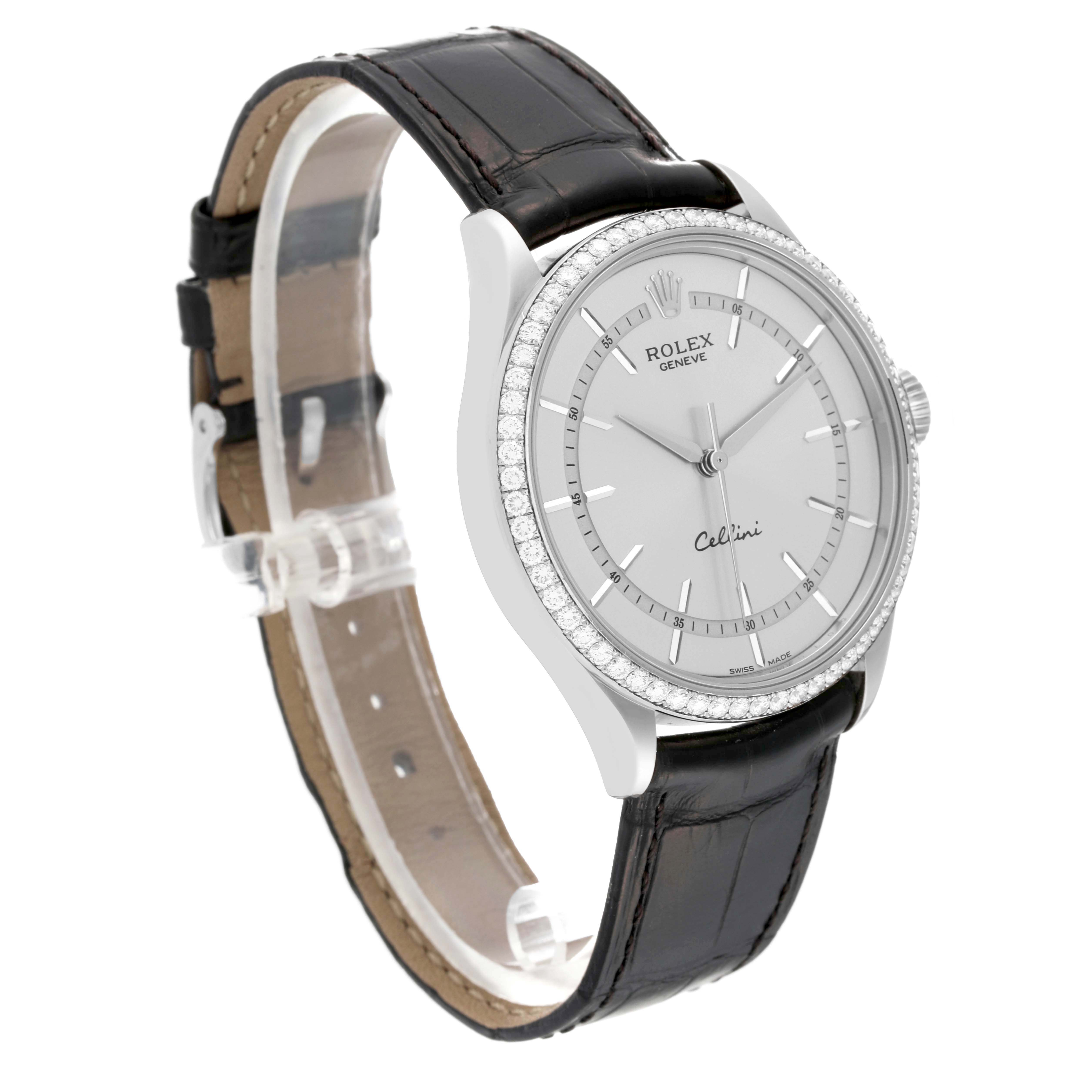 This image shows a Rolex Cellini 50709RBR Men
s White Gold Silver Dial 50709RBR Men
s White Gold Silver Dial watch at an angle displaying the face, bezel, crown, and black leather strap.