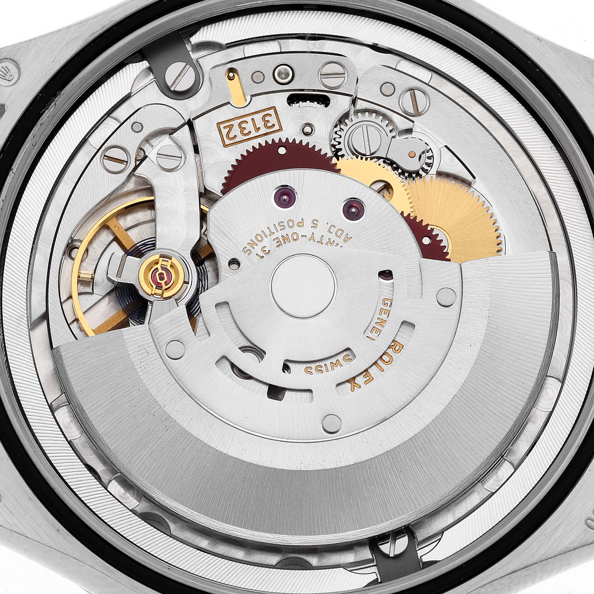 This image shows a close-up of the movement mechanism of a Rolex Cellini 50709RBR Men
s White Gold Silver Dial 50709RBR Men
s White Gold Silver Dial watch from the back angle.