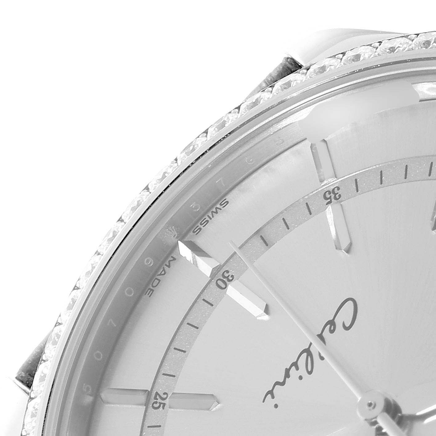 The image shows a partial close-up of the Rolex Cellini 50709RBR Men
s White Gold Silver Dial 50709RBR Men
s White Gold Silver Dial watch, highlighting the dial, bezel, and part of the strap.