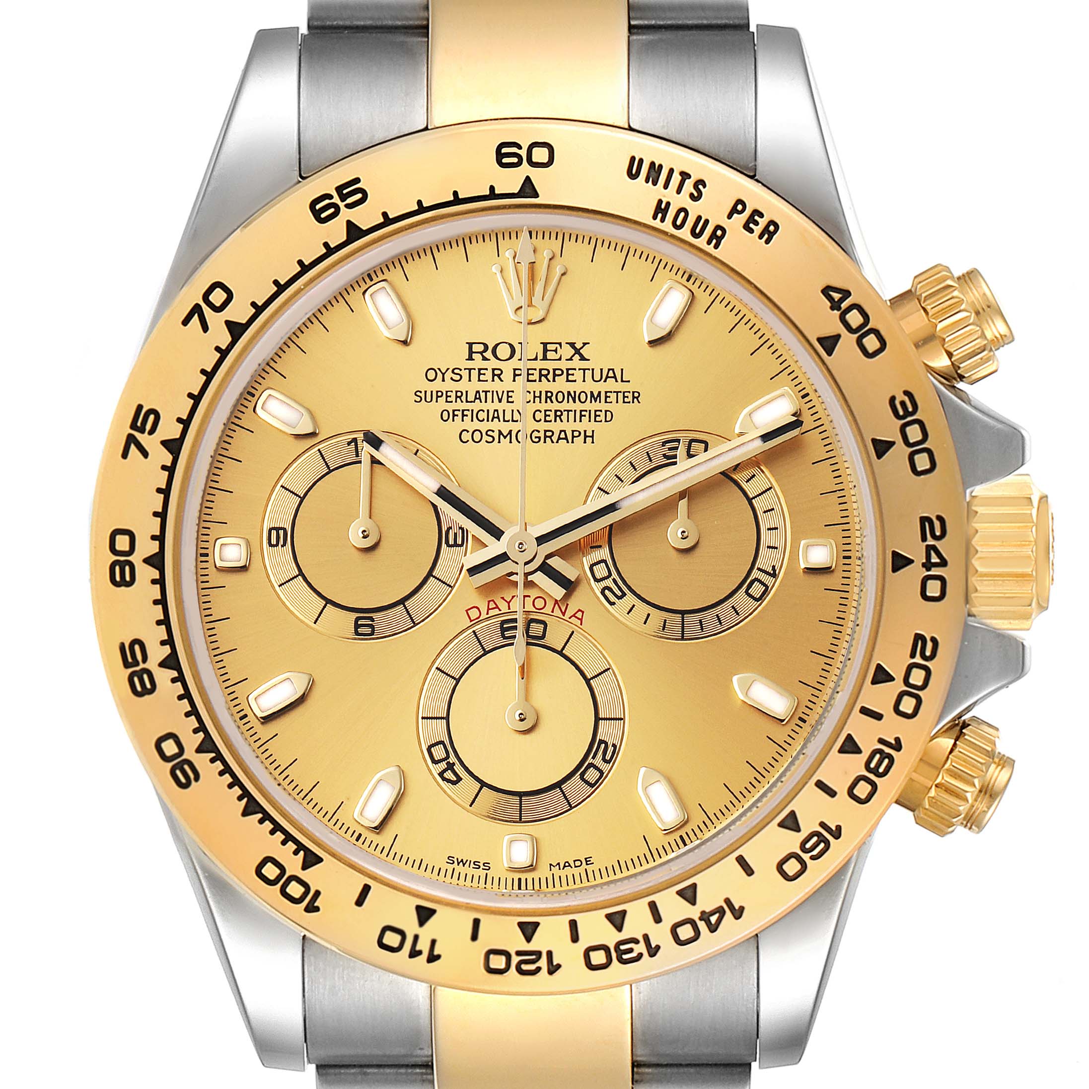 The Rolex Daytona 116503 Men's Steel and Gold (two tone) Champagne Dial 116503 Men's Steel and Gold (two tone) Champagne Dial watch is shown from the front, displaying the dial, bezel, chronograph subdials, and part of the bracelet.