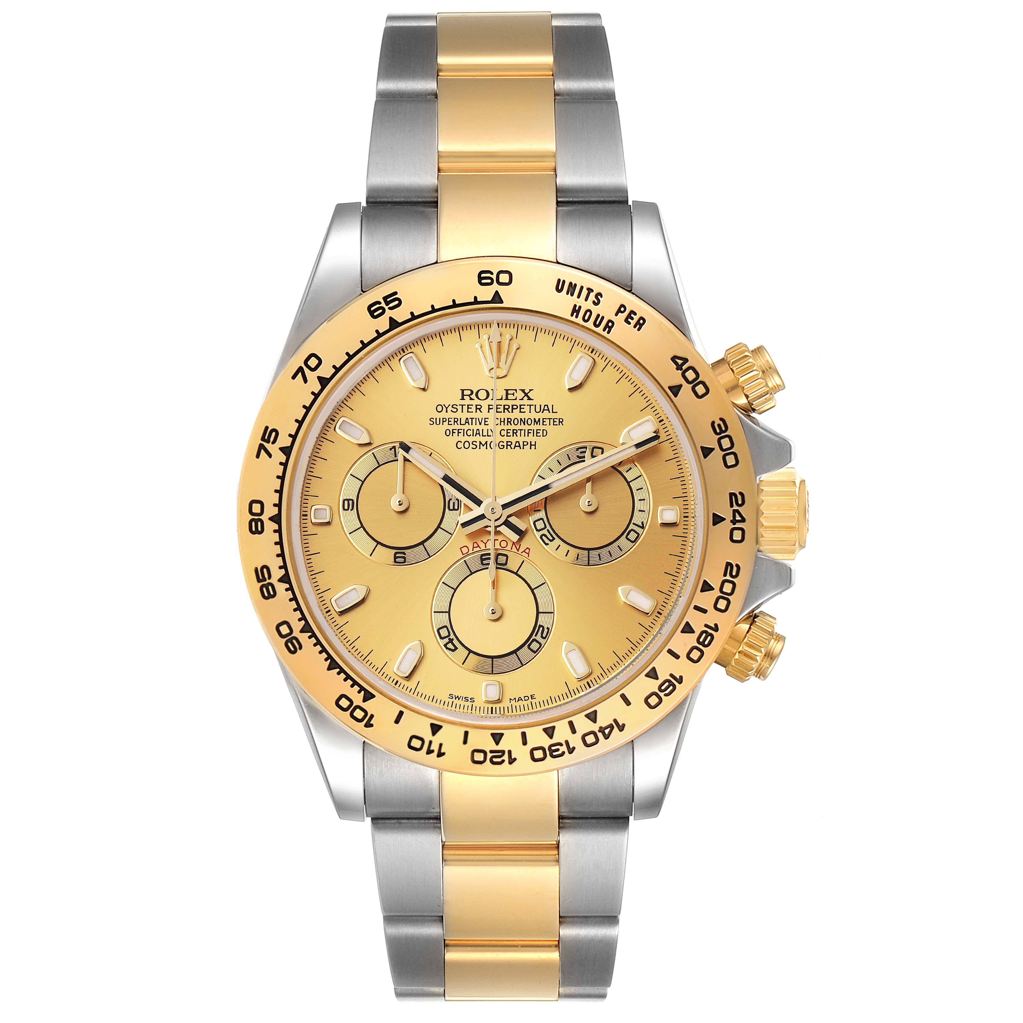 This image shows a front view of a Rolex Daytona 116503 Men's Steel and Gold (two tone) Champagne Dial 116503 Men's Steel and Gold (two tone) Champagne Dial watch, highlighting its gold and silver bracelet, bezel, and chronograph subdials.