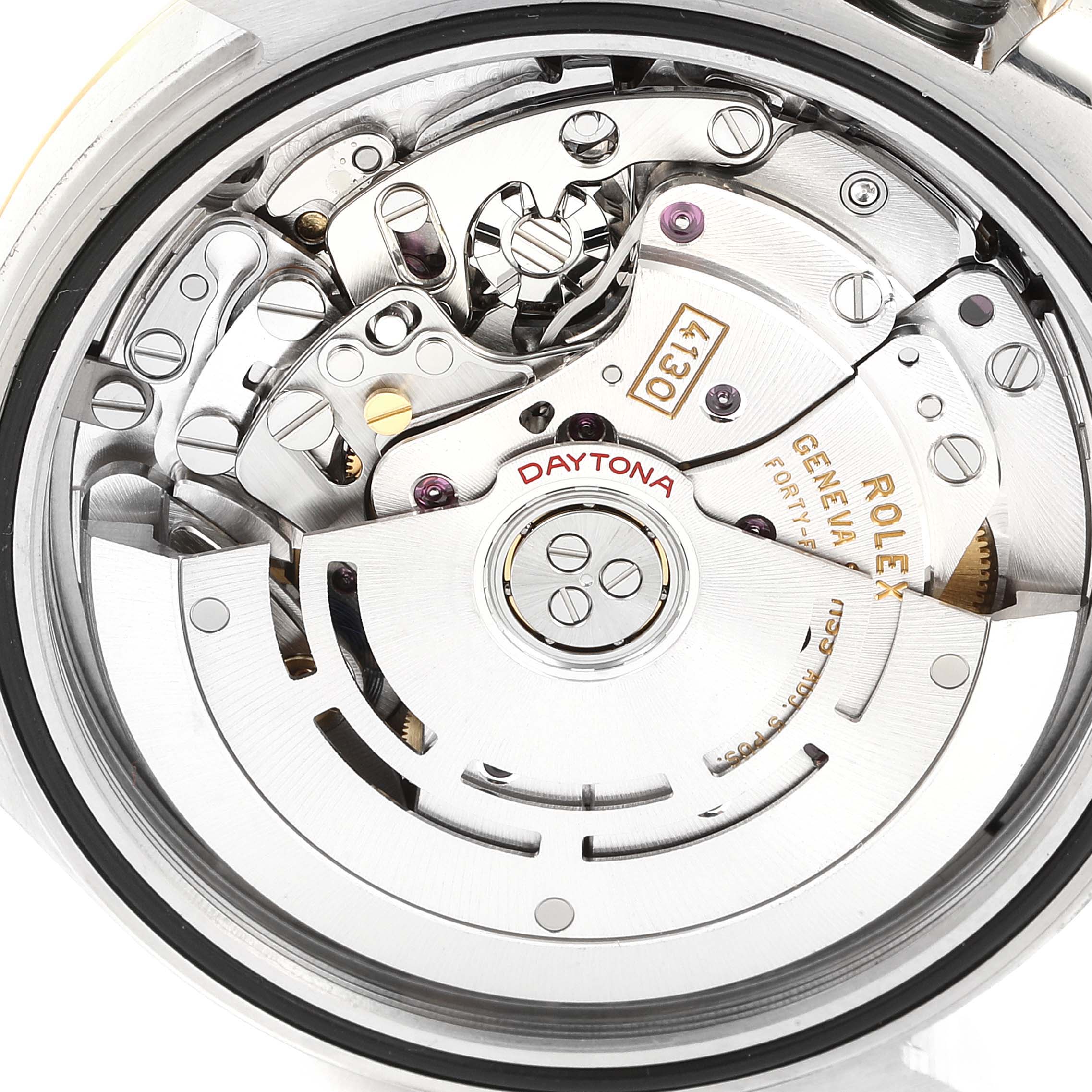 This image shows the intricate automatic movement mechanism of a Rolex Daytona 116503 Men's Steel and Gold (two tone) Champagne Dial 116503 Men's Steel and Gold (two tone) Champagne Dial watch, viewed from the back.
