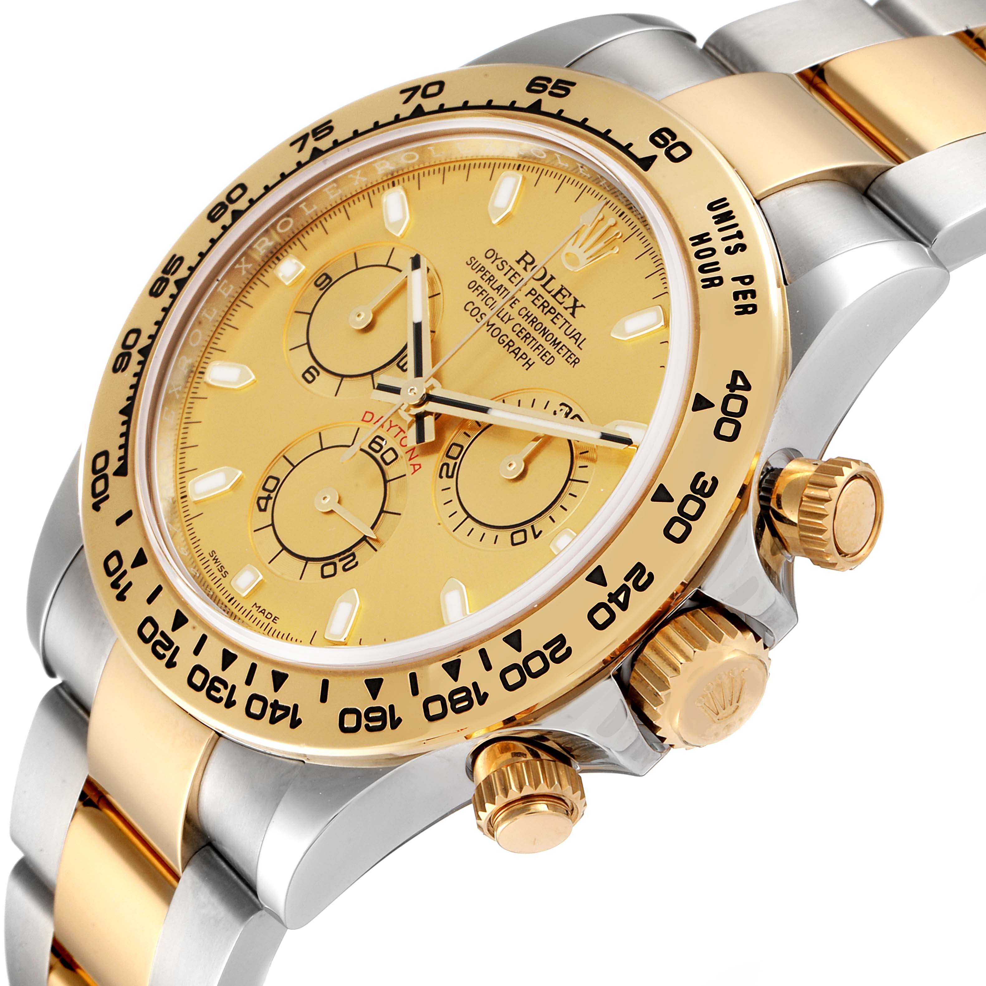 This image shows a close-up, angled view of the Rolex Daytona 116503 Men's Steel and Gold (two tone) Champagne Dial 116503 Men's Steel and Gold (two tone) Champagne Dial watch, highlighting its gold bezel, dial, and crown.
