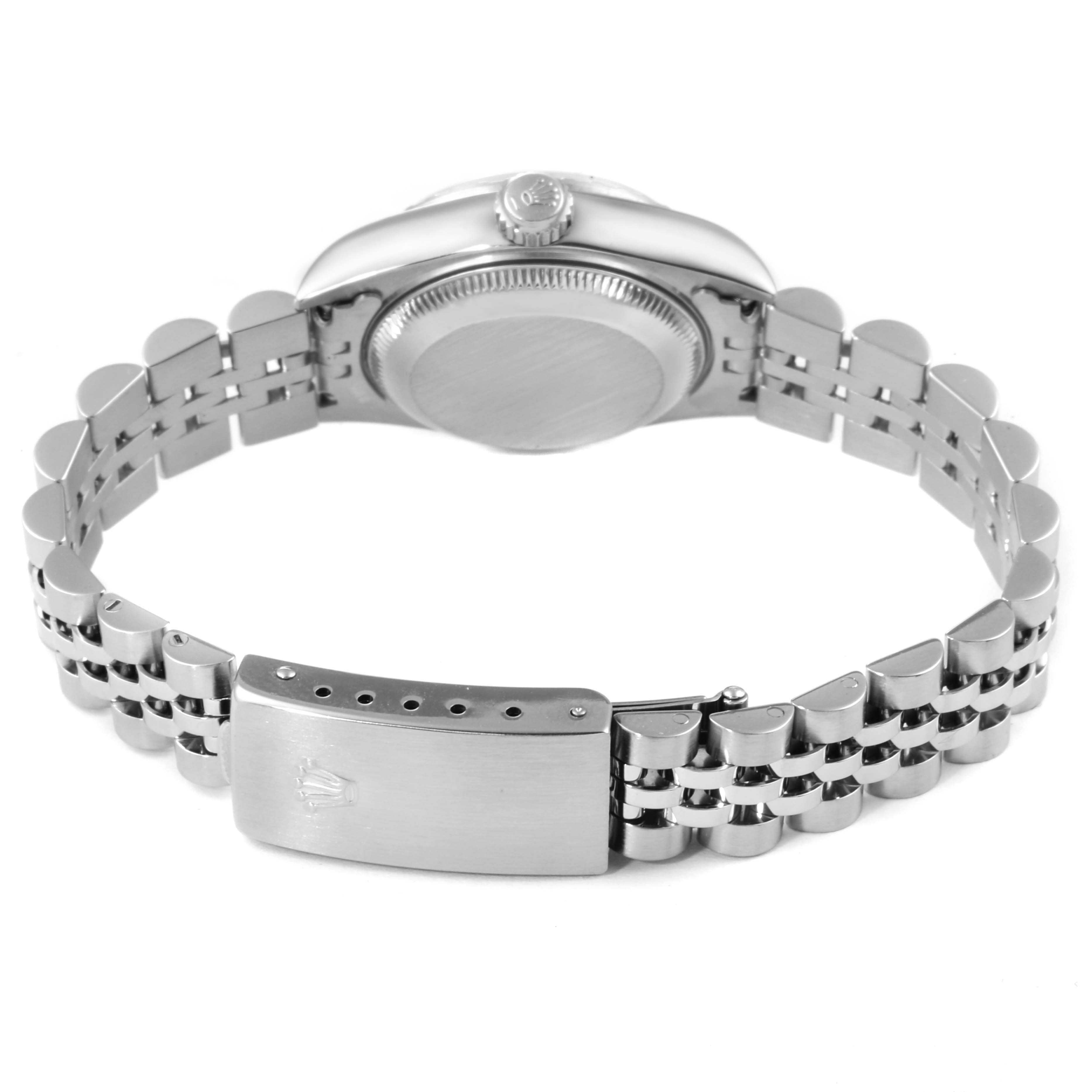 The image shows a Rolex Date 79240 Women's Stainless Steel Pink Dial 79240 Women's Stainless Steel Pink Dial model watch from the back, highlighting the case back and metal bracelet.