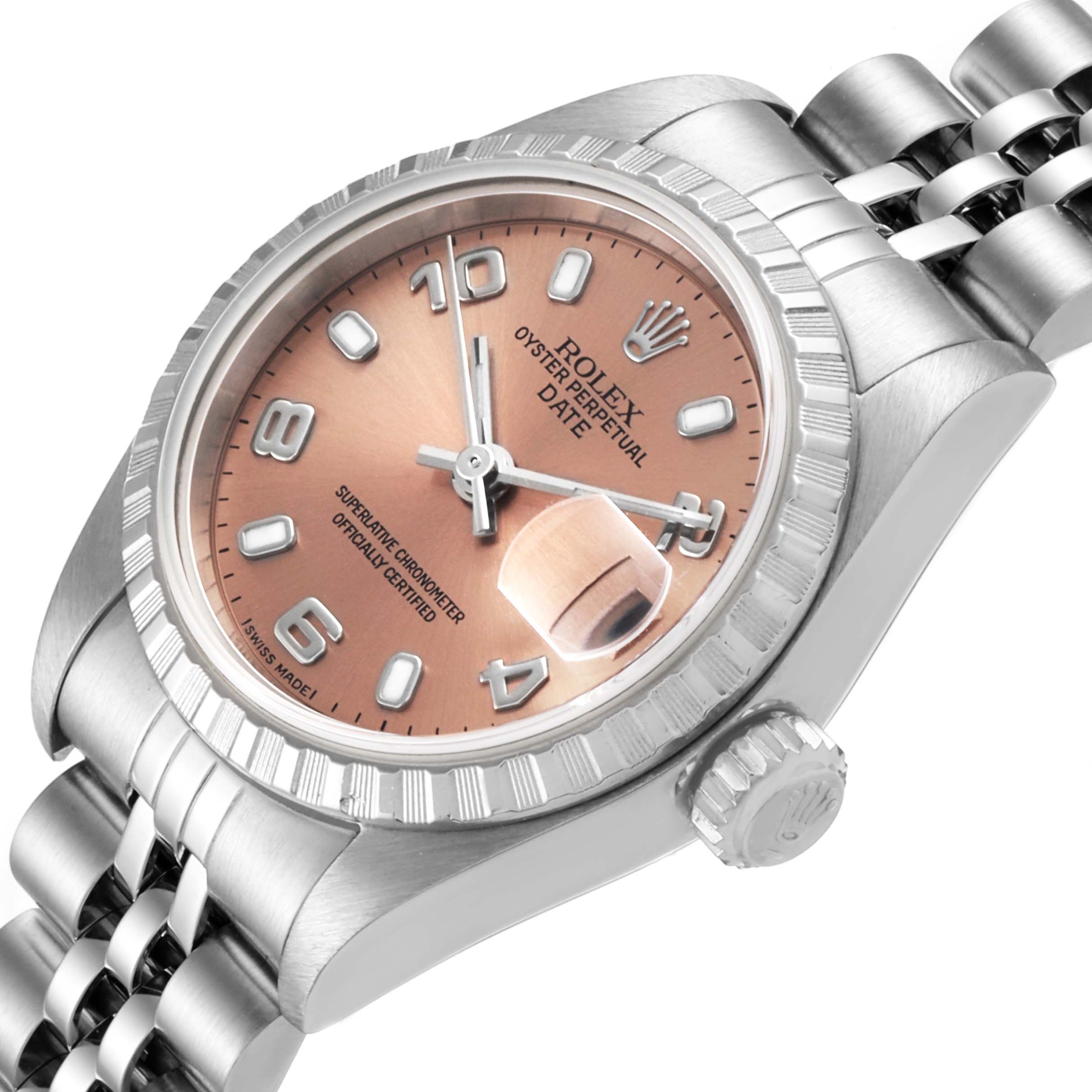 This image shows a Rolex Date 79240 Women's Stainless Steel Pink Dial 79240 Women's Stainless Steel Pink Dial model from an angled top-down perspective, highlighting its dial, bezel, crown, and portion of the bracelet.