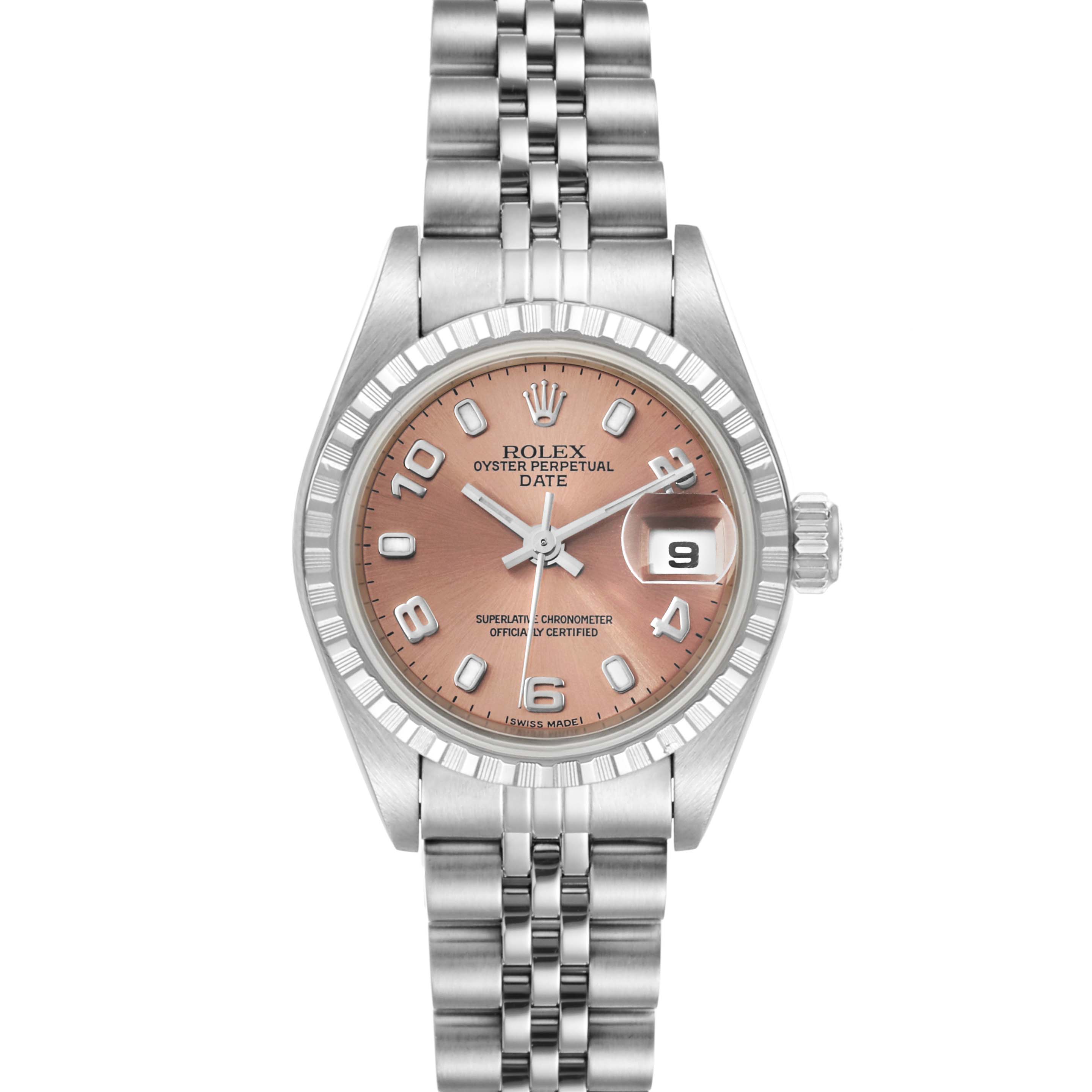 The image shows a front view of a Rolex Date 79240 Women's Stainless Steel Pink Dial 79240 Women's Stainless Steel Pink Dial model watch, showcasing its dial, bezel, crown, and bracelet.