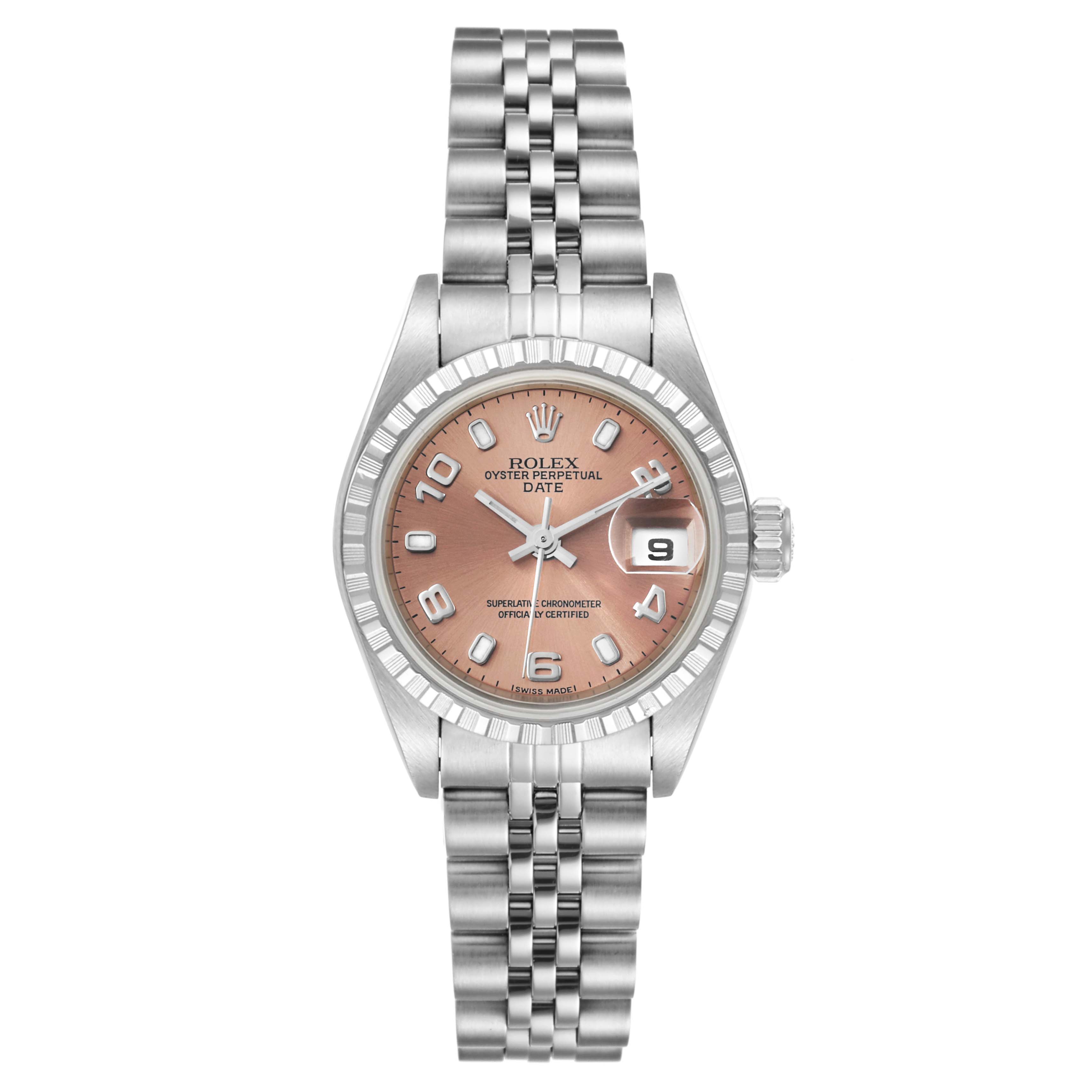 The image shows a front view of the Rolex Date 79240 Women's Stainless Steel Pink Dial 79240 Women's Stainless Steel Pink Dial watch, displaying the dial, bezel, crown, and stainless steel bracelet.