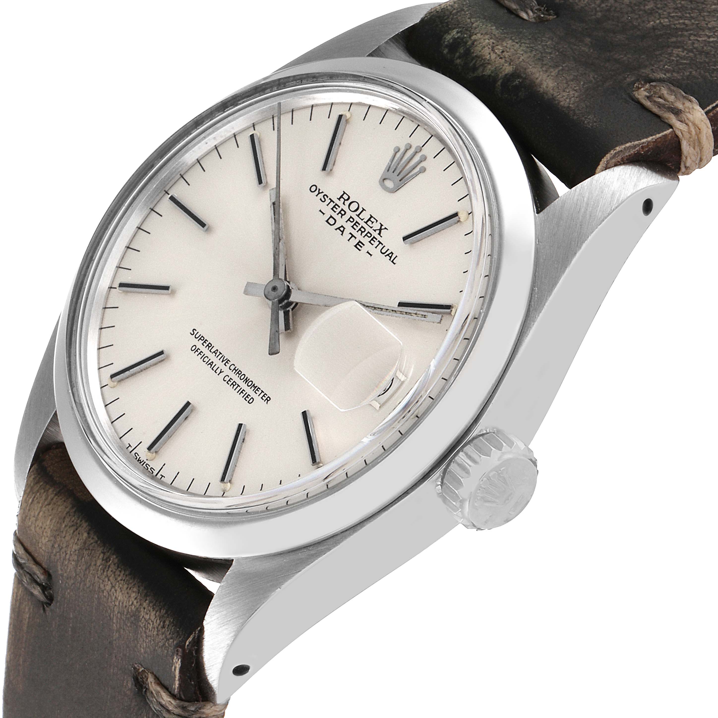 The image shows a side angle of the Vintage Collection Rolex Oyster Perpetual Date with a leather strap and visible crown.