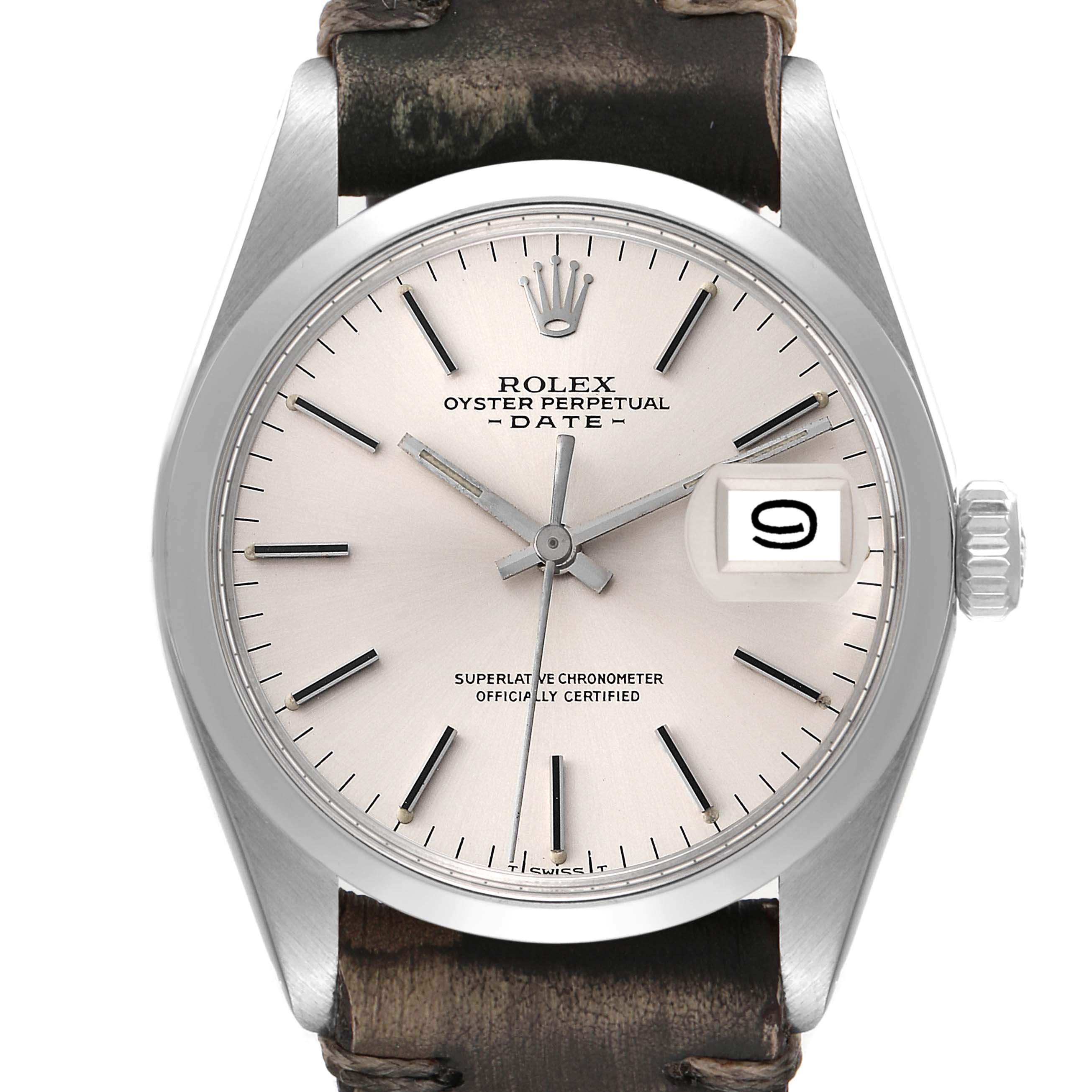 This image shows a frontal view of a Rolex Vintage Collection 1500 Men's Stainless Steel Silver Dial 1500 Men's Stainless Steel Silver Dial Oyster Perpetual Date watch, highlighting its dial, bezel, crown, and leather strap.