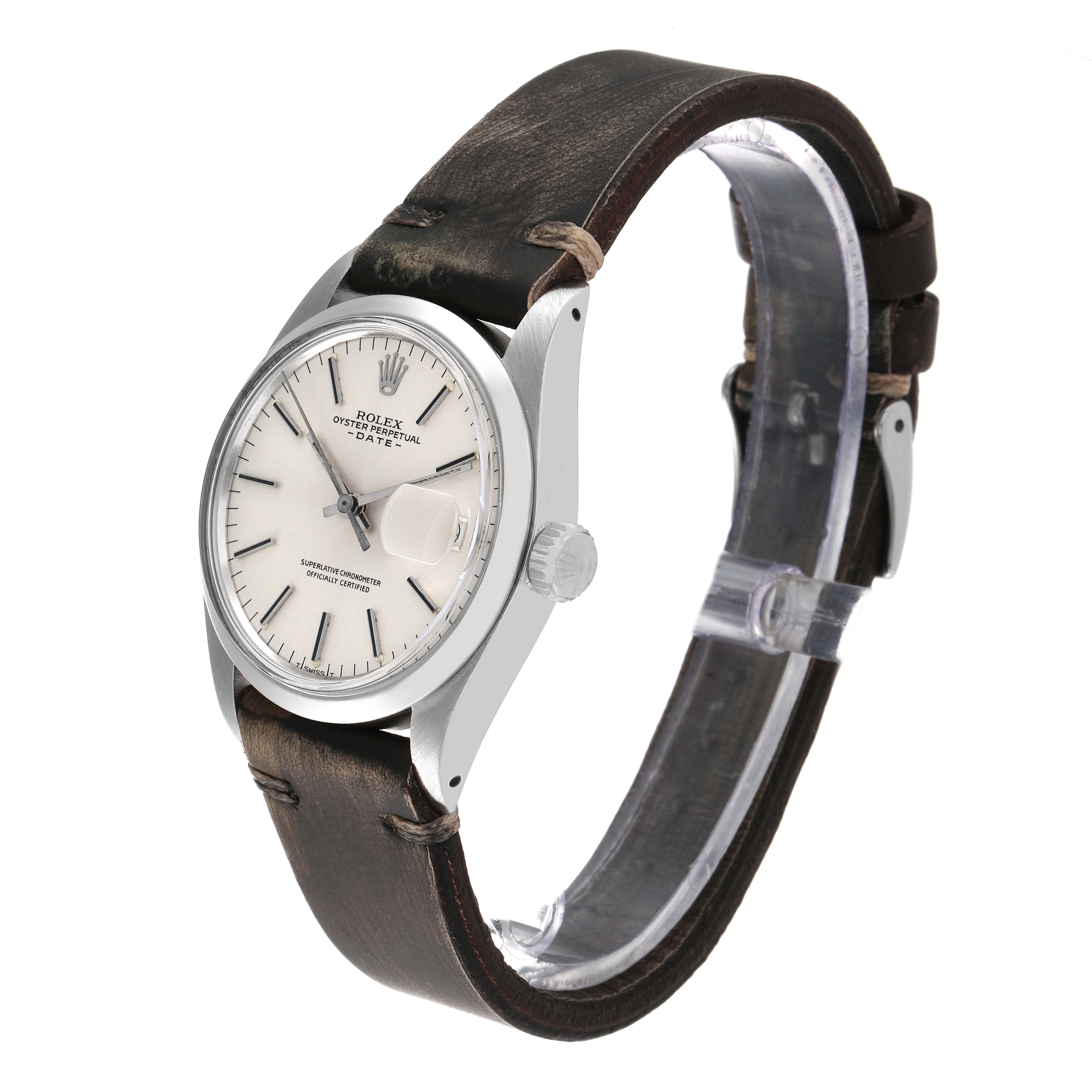 The Rolex Vintage Collection 1500 Men's Stainless Steel Silver Dial 1500 Men's Stainless Steel Silver Dial watch is shown at a slight angle, displaying the face, bezel, crown, and leather strap.