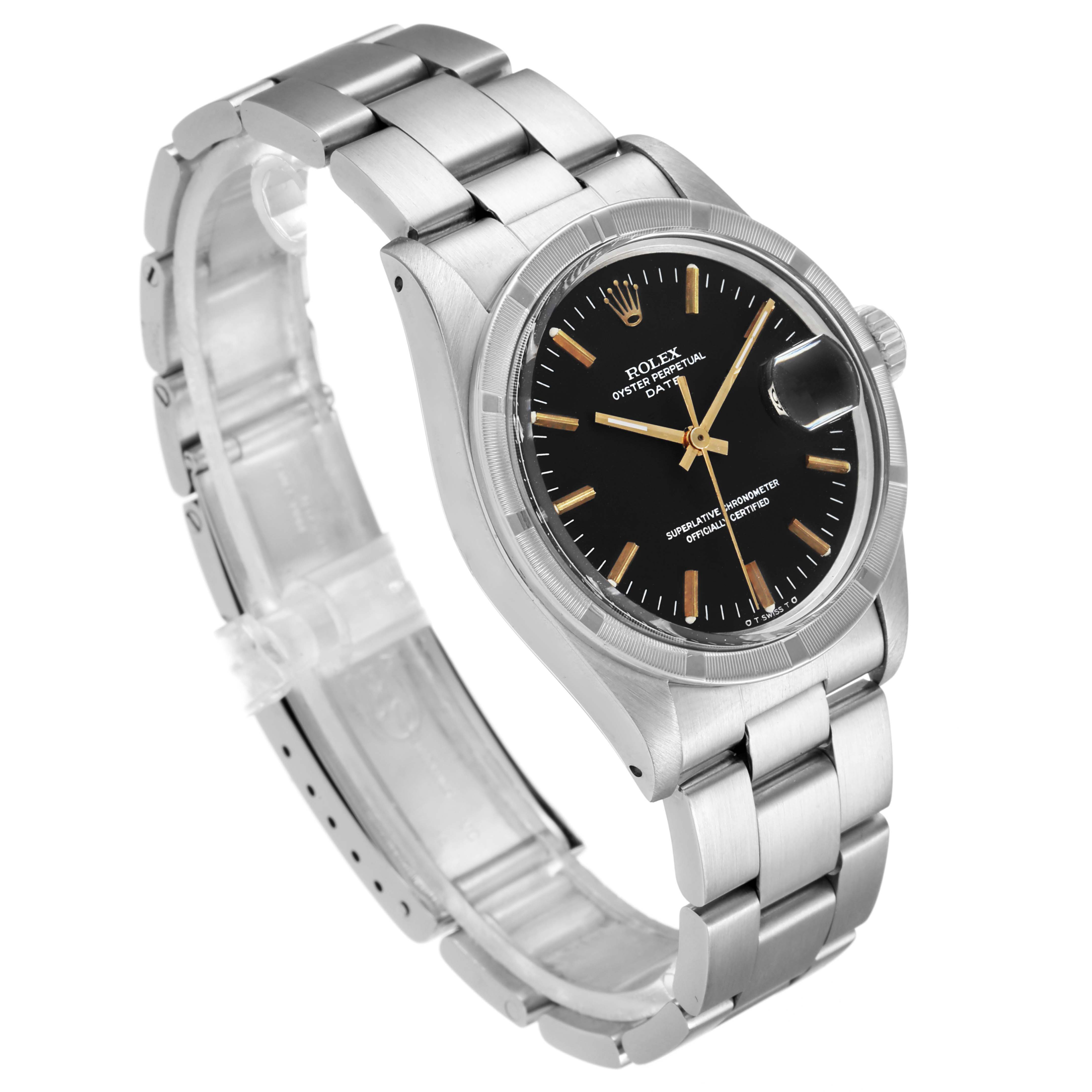 The image shows a side angle of a Rolex Vintage Collection 1501 Men's Stainless Steel Black Dial 1501 Men's Stainless Steel Black Dial Oyster Perpetual watch, displaying the face, bracelet, and clasp.