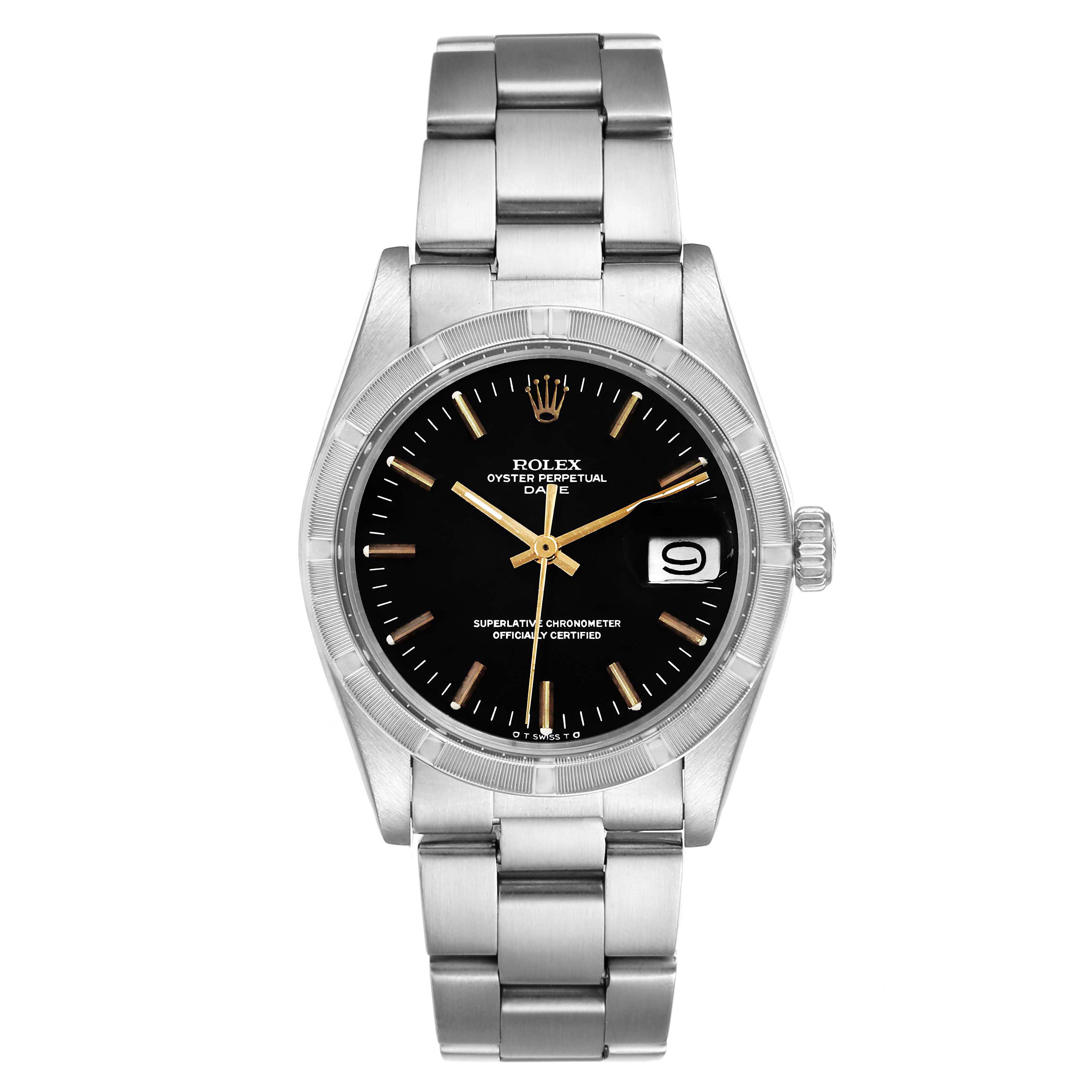 This image shows a front view of the Rolex Vintage Collection 1501 Men's Stainless Steel Black Dial 1501 Men's Stainless Steel Black Dial model, featuring its face, bezel, and stainless steel bracelet.