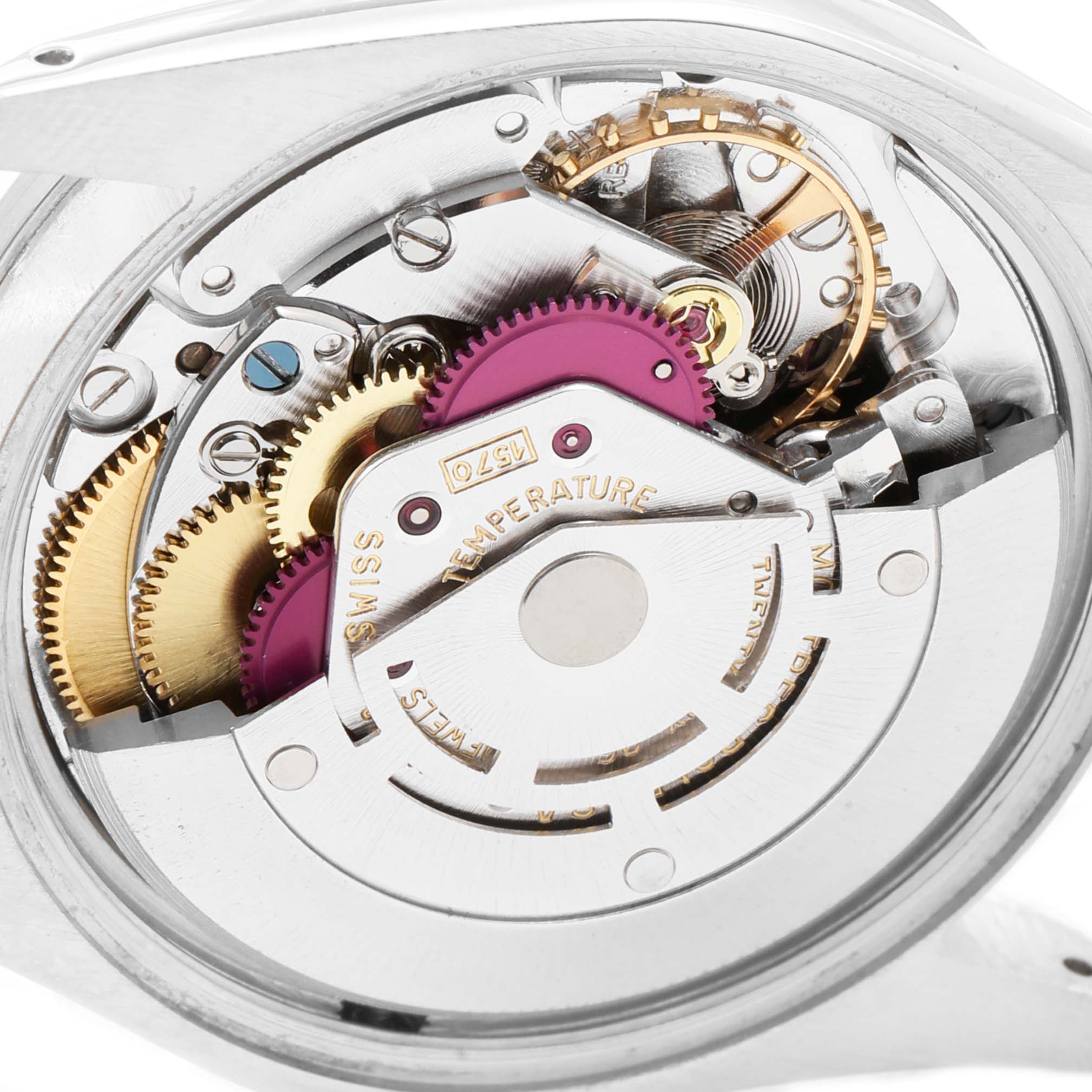 This image shows a close-up of the inner mechanical components of the Rolex Vintage Collection 1501 Men's Stainless Steel Black Dial 1501 Men's Stainless Steel Black Dial model.