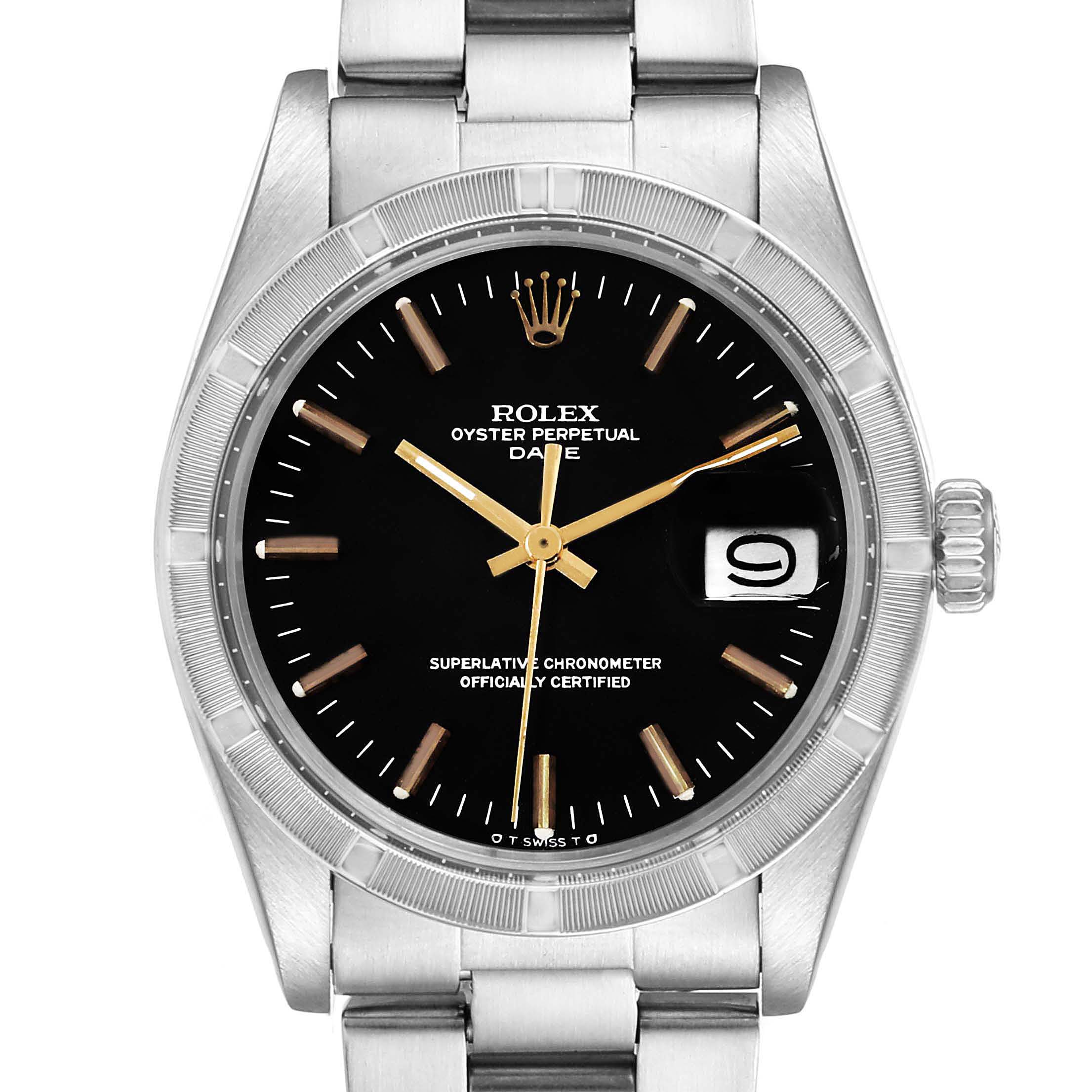 This image shows a straight-on view of the Rolex Vintage Collection 1501 Men's Stainless Steel Black Dial 1501 Men's Stainless Steel Black Dial model, highlighting its black dial, date display, and stainless steel bracelet.