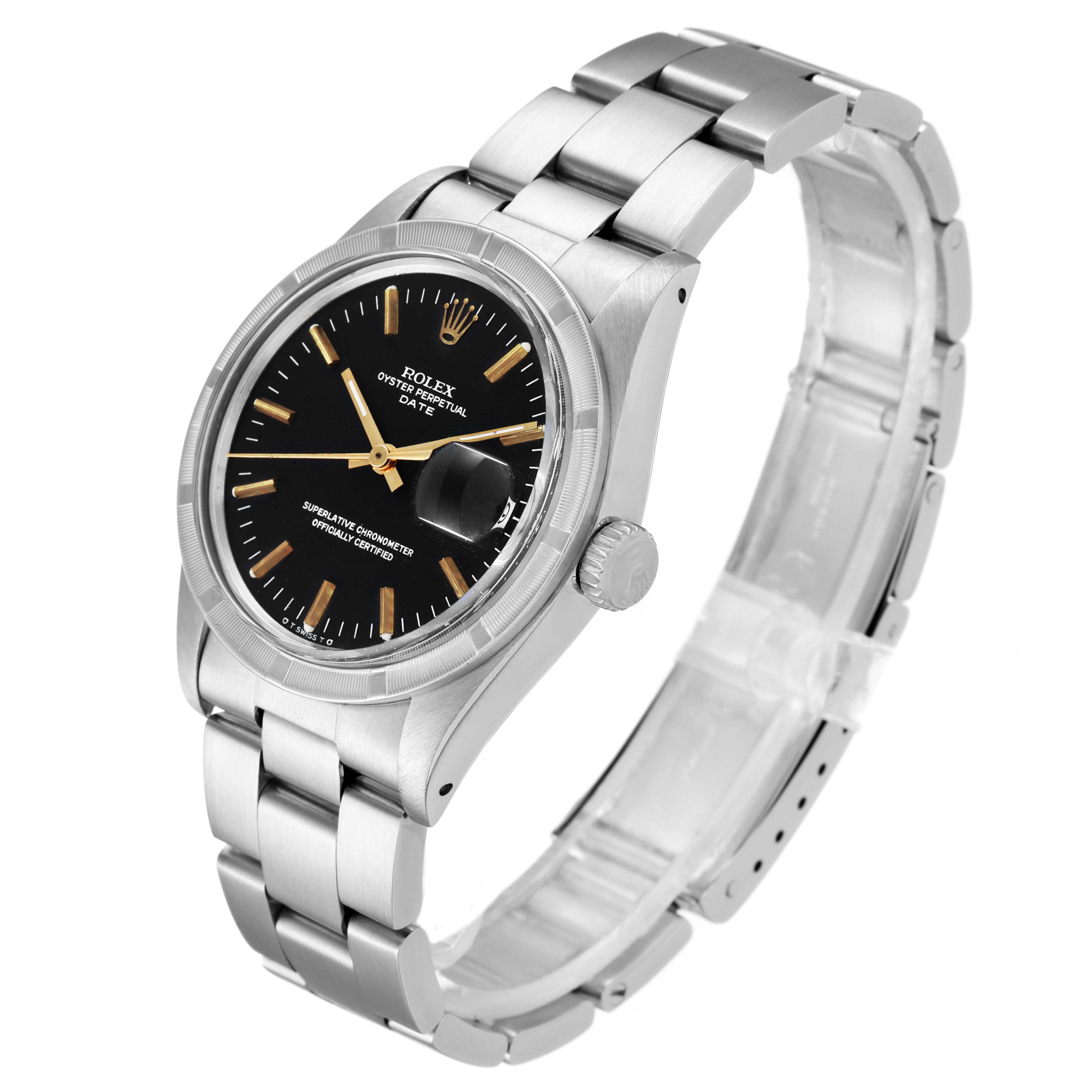 The image shows a Rolex Vintage Collection 1501 Men's Stainless Steel Black Dial 1501 Men's Stainless Steel Black Dial model watch with a black dial, gold markers, and a stainless steel bracelet at a slight angle.