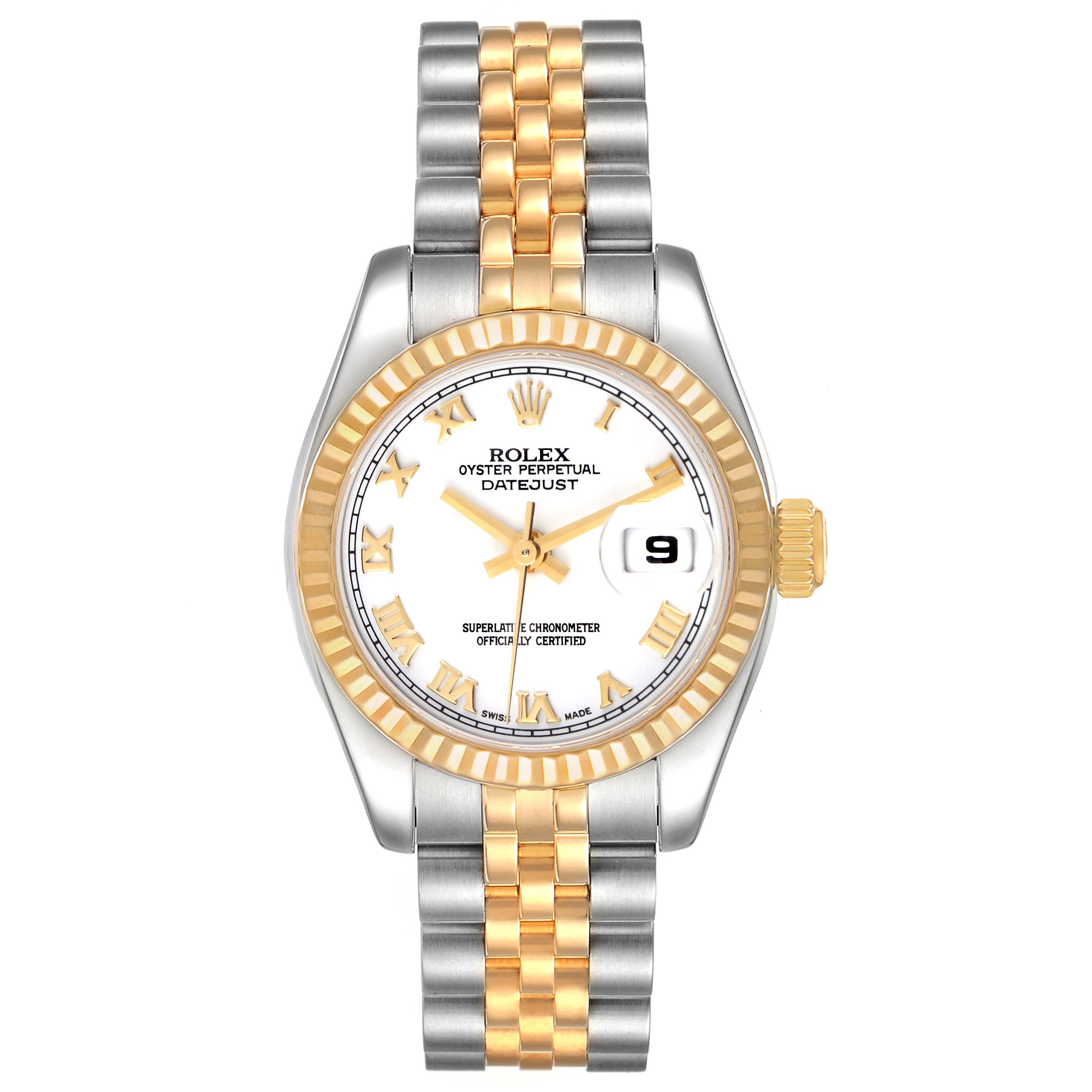 The image shows a front view of a Rolex Datejust 179173 Women's Steel and Gold (two tone) White Dial 179173 Women's Steel and Gold (two tone) White Dial watch, highlighting the dial, bezel, two-tone bracelet, and date window.