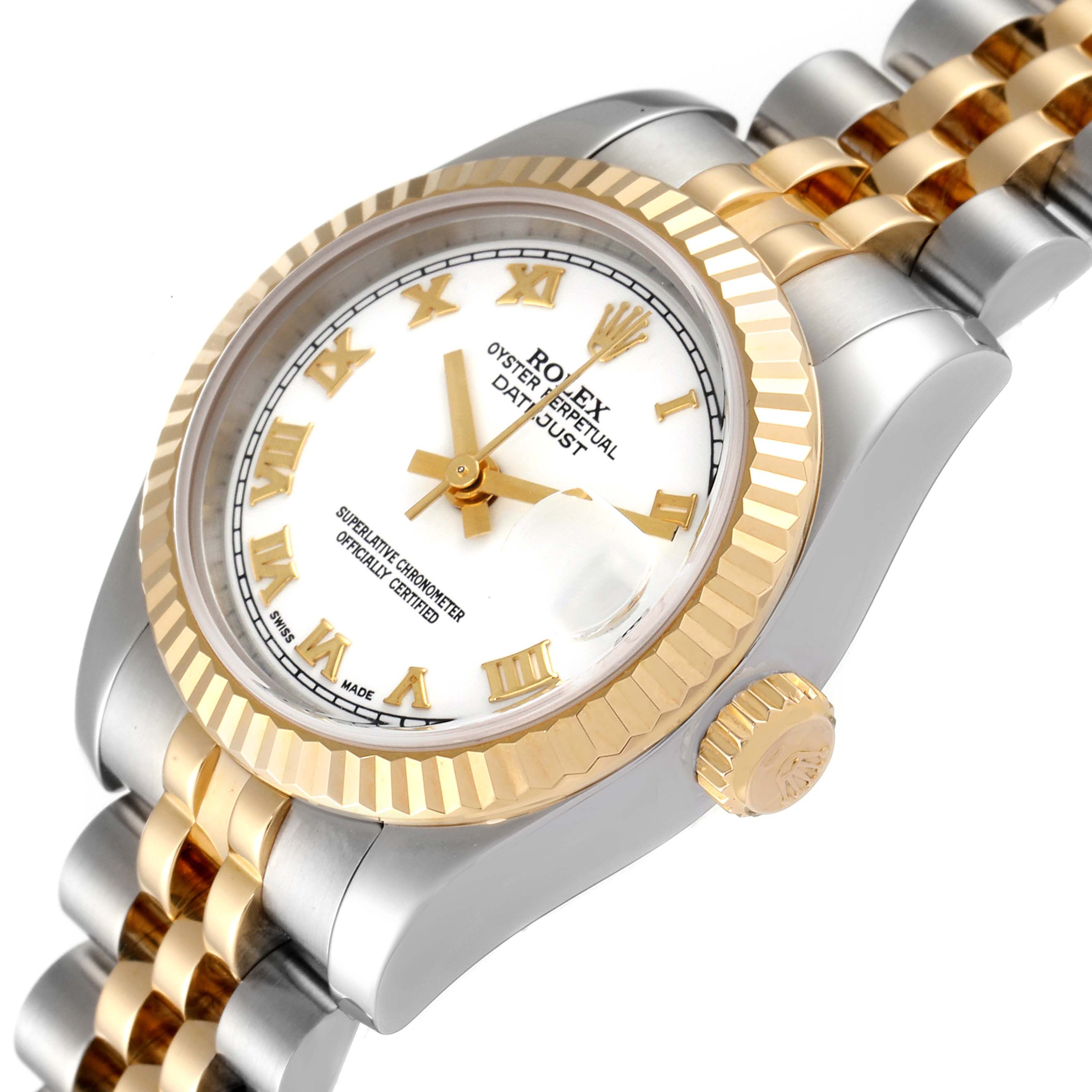 This image shows a Rolex Datejust 179173 Women's Steel and Gold (two tone) White Dial 179173 Women's Steel and Gold (two tone) White Dial watch from an angled perspective highlighting the dial, bezel, crown, and part of the bracelet.