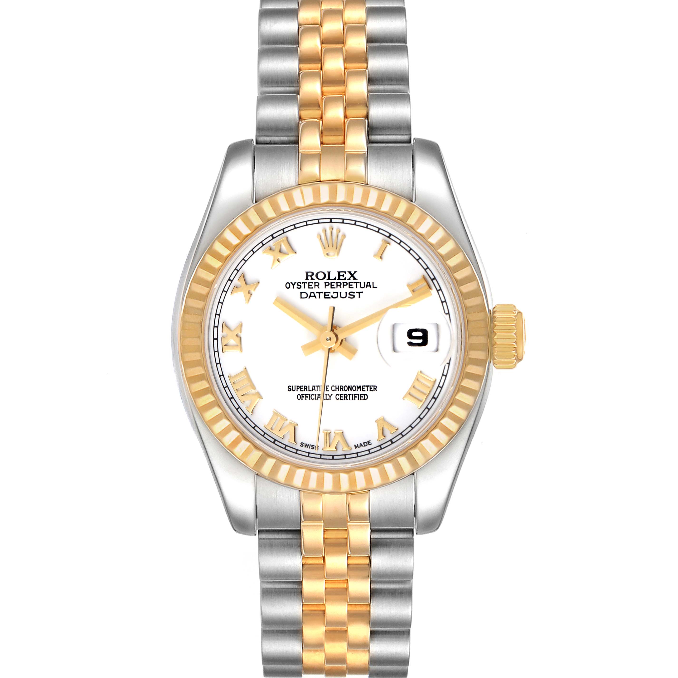 This image shows a front view of the Rolex Datejust 179173 Women's Steel and Gold (two tone) White Dial 179173 Women's Steel and Gold (two tone) White Dial watch, highlighting the dial, bezel, bracelet, and date window.