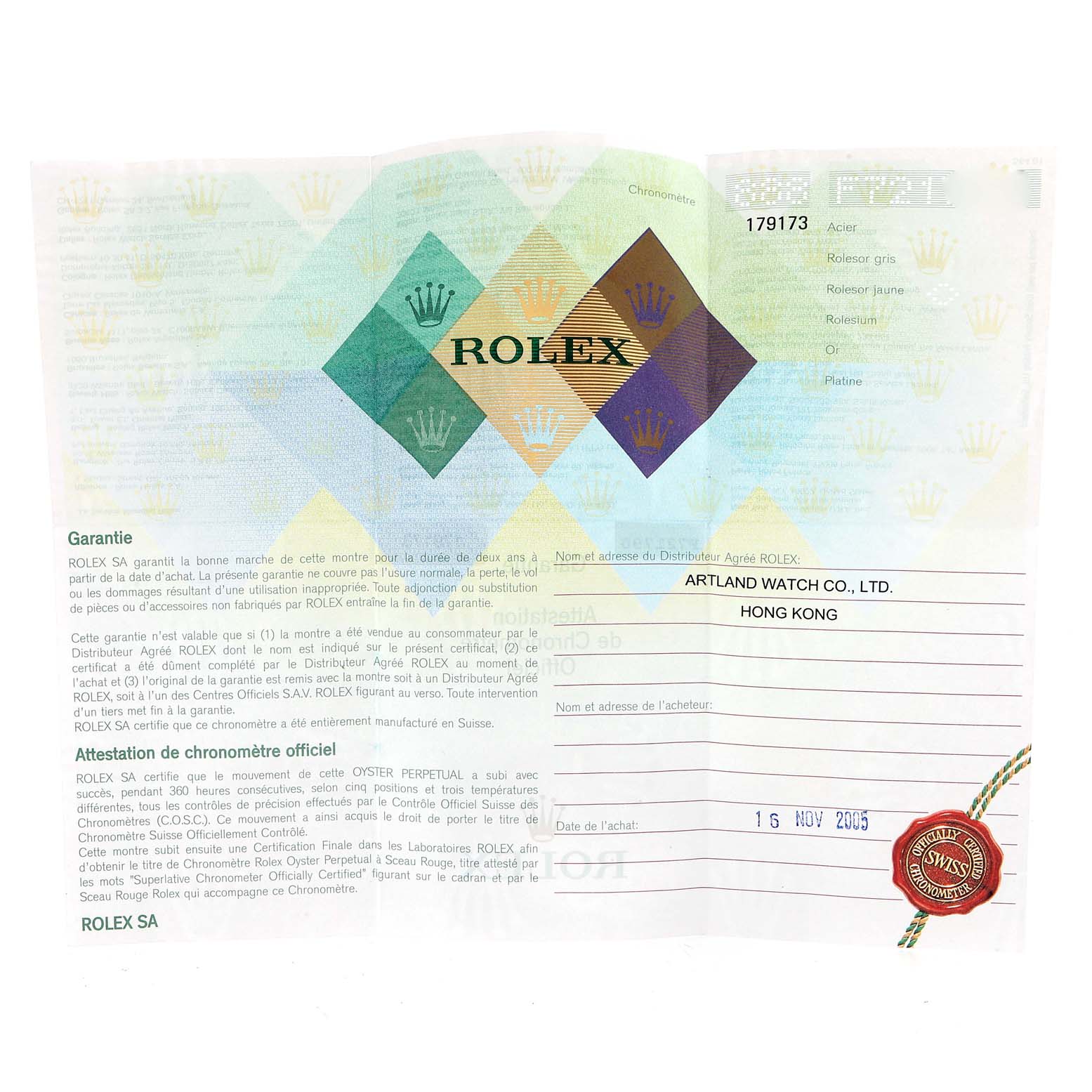 The image shows a warranty certificate for a Rolex Datejust 179173 Women's Steel and Gold (two tone) White Dial 179173 Women's Steel and Gold (two tone) White Dial watch, including details of the distributor and purchase date.