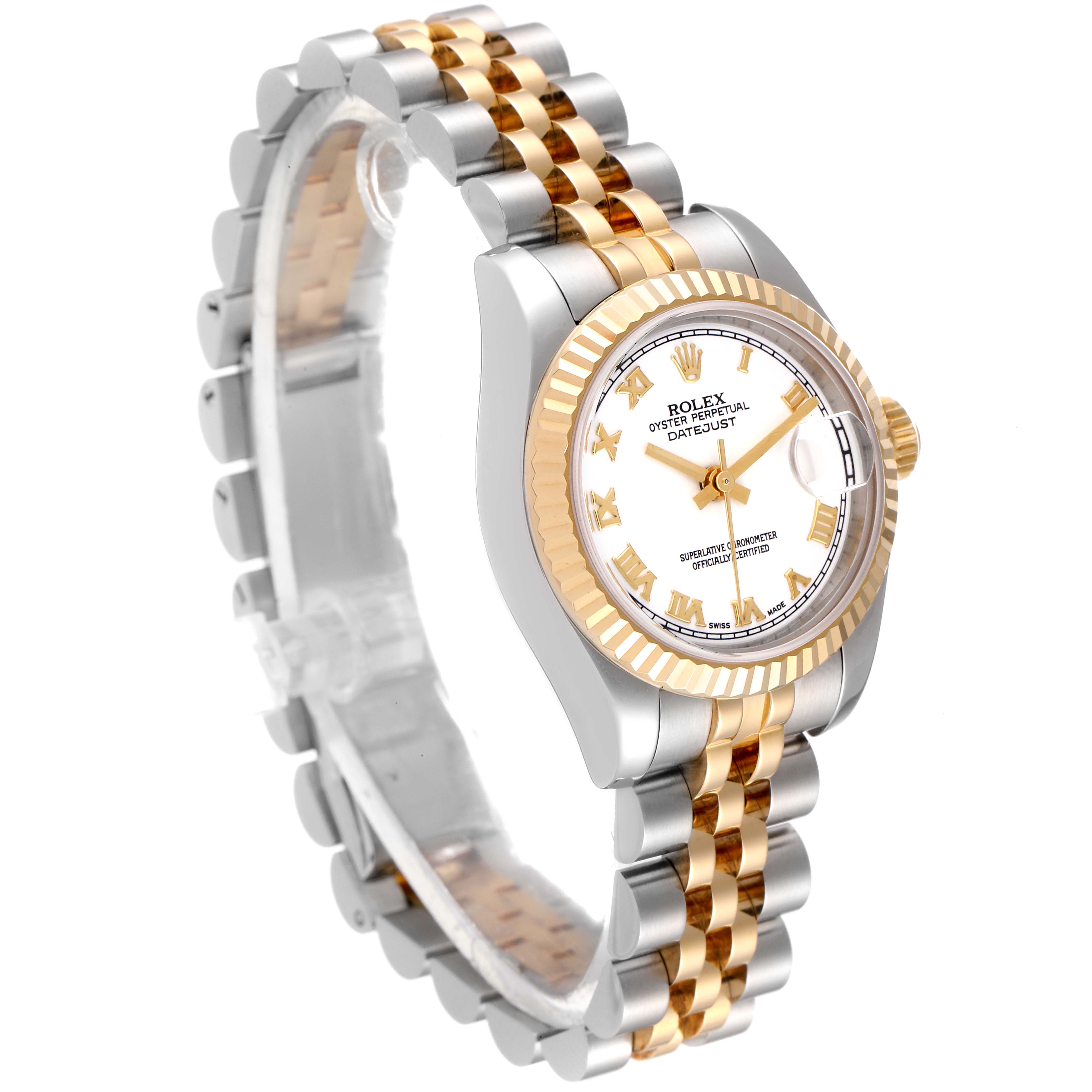 The image shows a Rolex Datejust 179173 Women's Steel and Gold (two tone) White Dial 179173 Women's Steel and Gold (two tone) White Dial watch at a three-quarter angle, highlighting its two-tone bracelet, white dial, and fluted bezel.