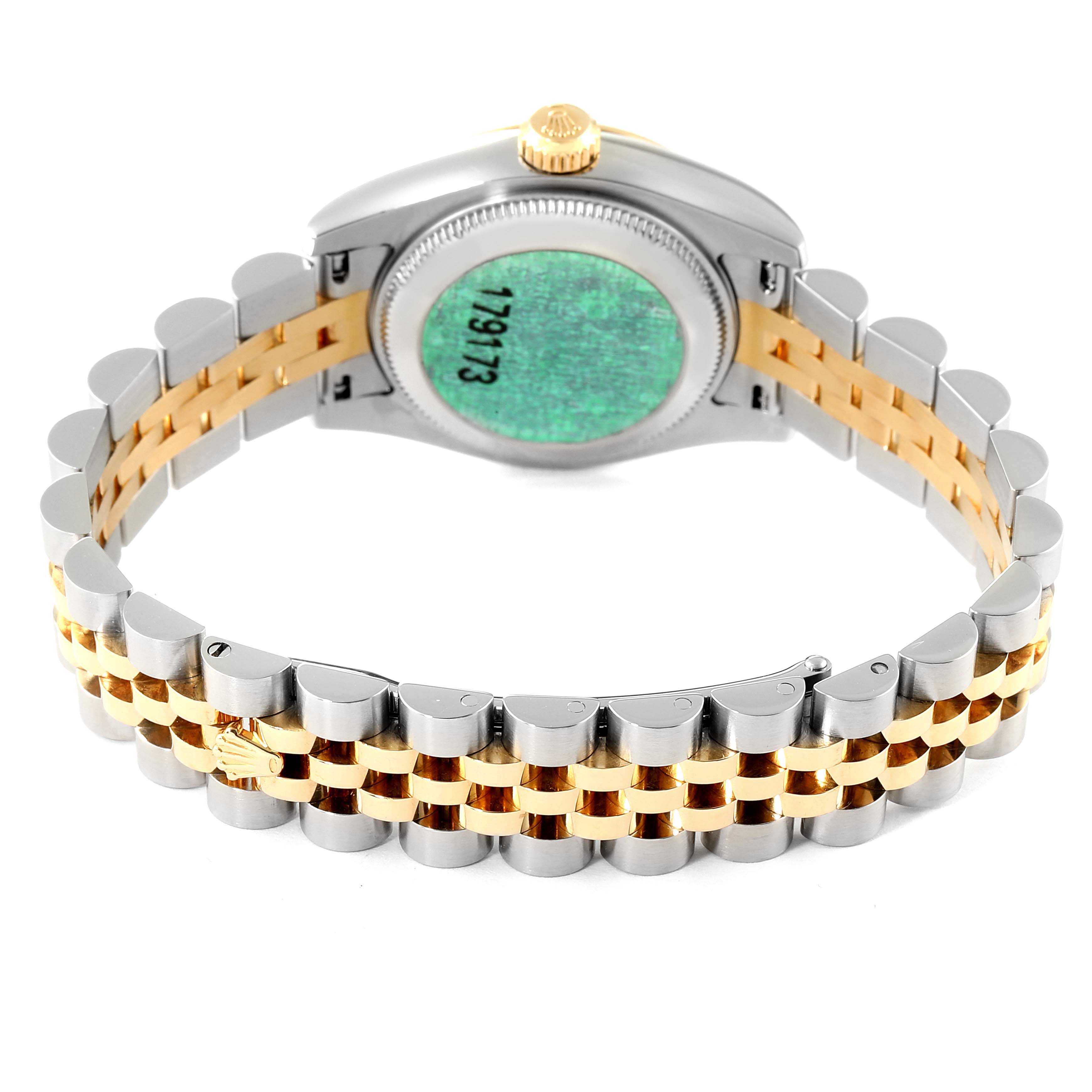 This image shows the back view of a Rolex Datejust 179173 Women's Steel and Gold (two tone) White Dial 179173 Women's Steel and Gold (two tone) White Dial watch, highlighting the case back and two-tone bracelet.